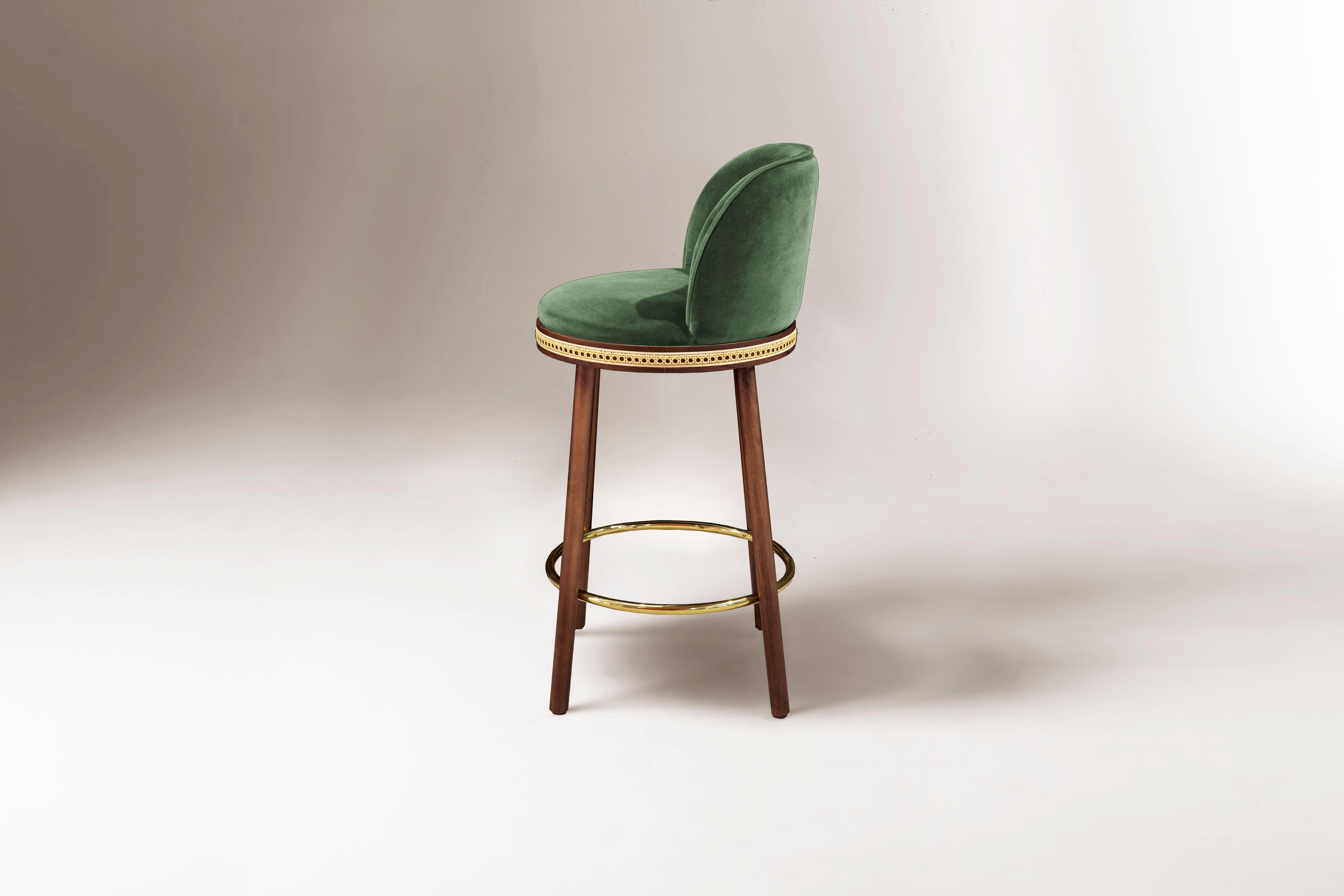 Portuguese DOOQ Mid-Century Modern Bar Chair Alma with Green Velvet, Walnut and Brass For Sale