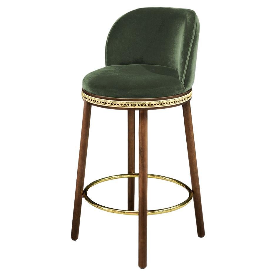 DOOQ Mid-Century Modern Bar Chair Alma with Green Velvet, Walnut and Brass For Sale