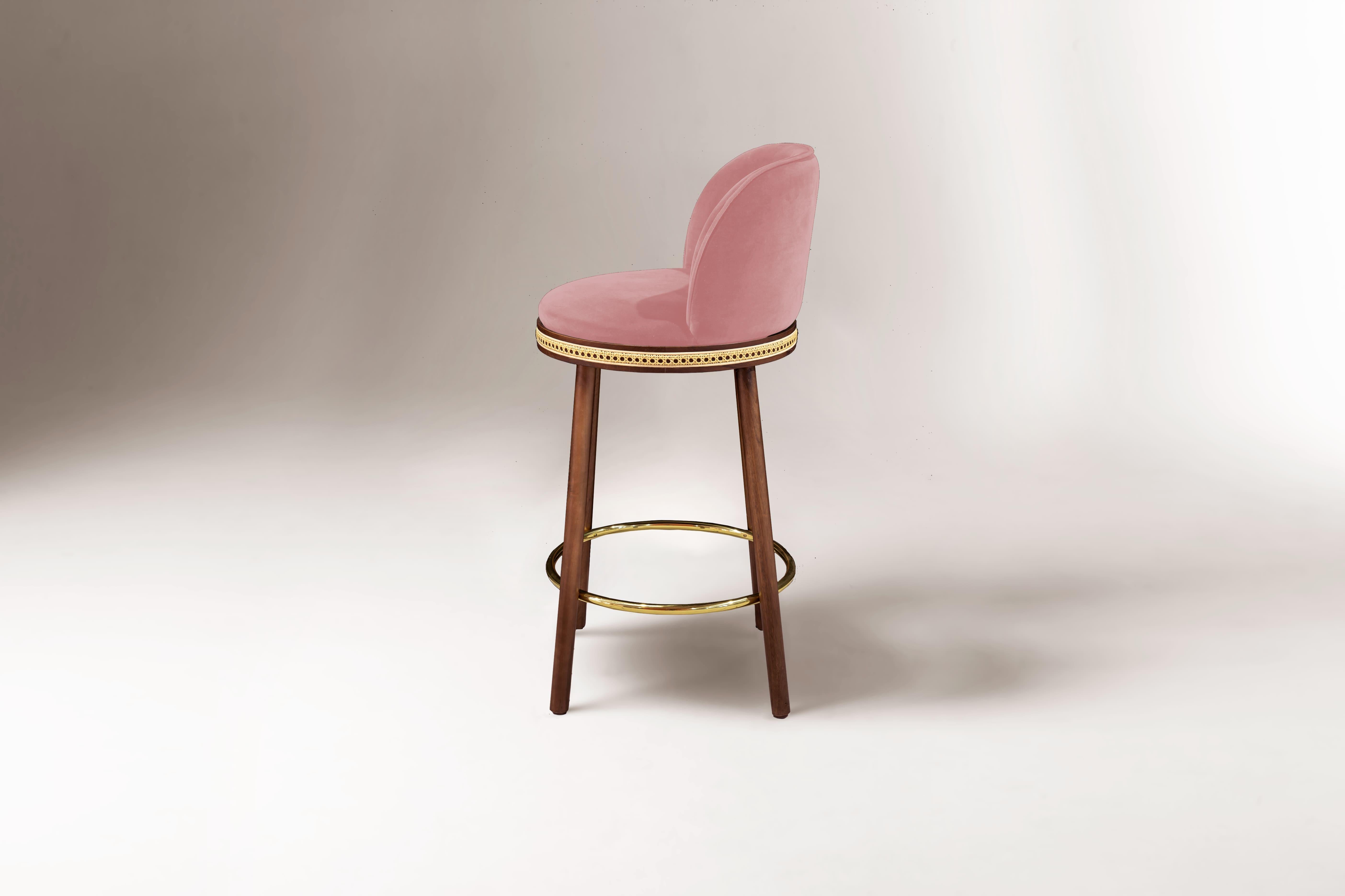 Portuguese DOOQ Mid-Century Modern Bar Chair Alma with Pink Velvet, Walnut and Brass For Sale