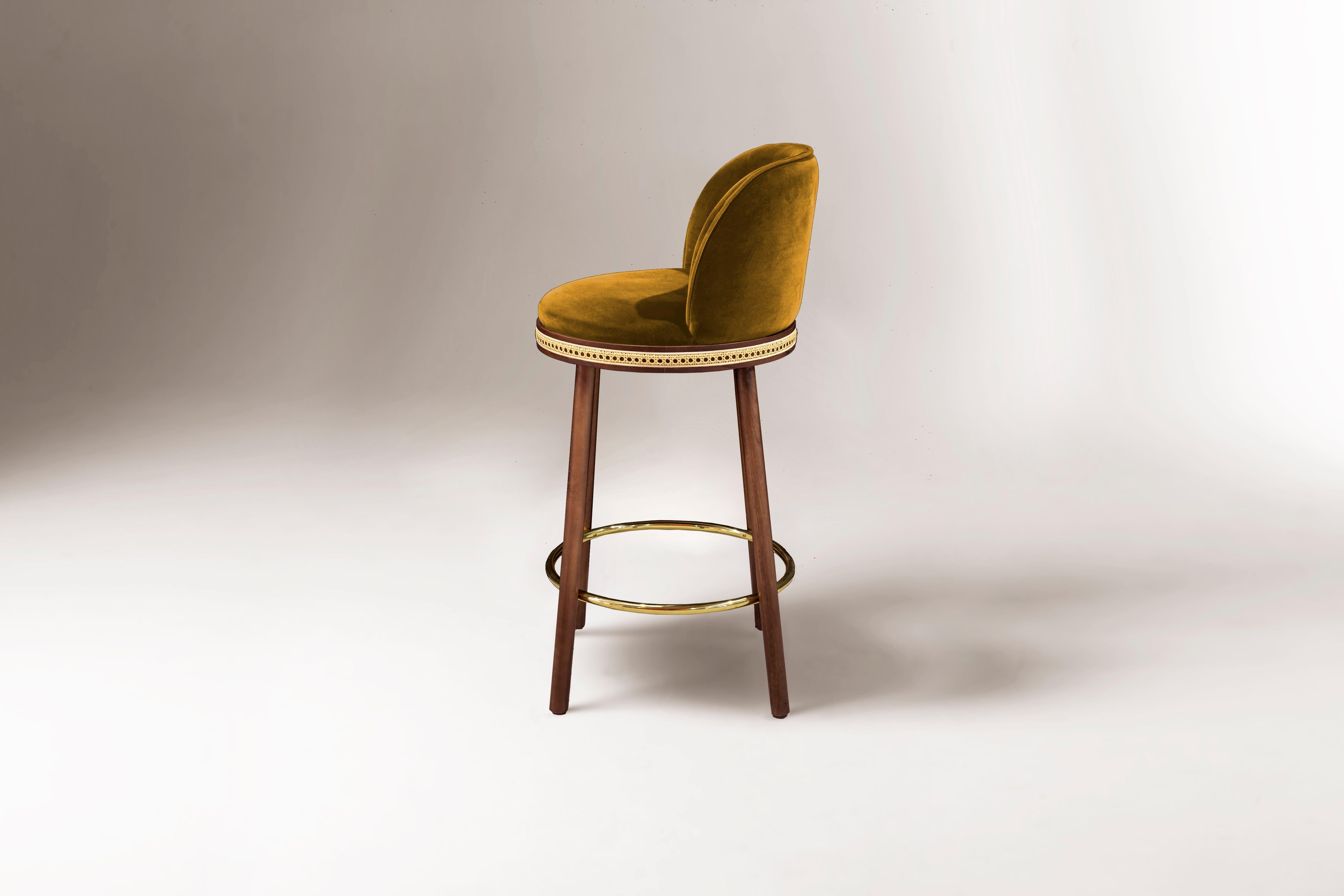 Portuguese DOOQ Mid-Century Modern Bar Chair Alma with Mustard Velvet, Walnut and Brass For Sale