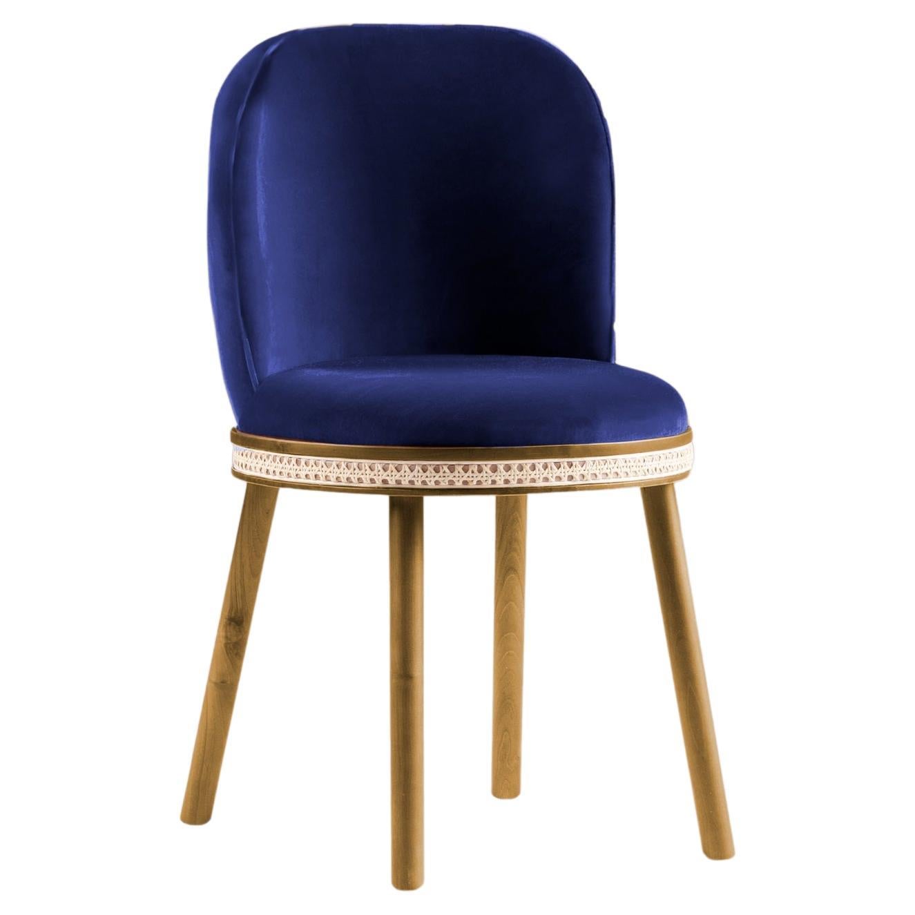 DOOQ Mid-Century Modern Dining Chair Alma with Blue Velvet and Walnut Wood For Sale