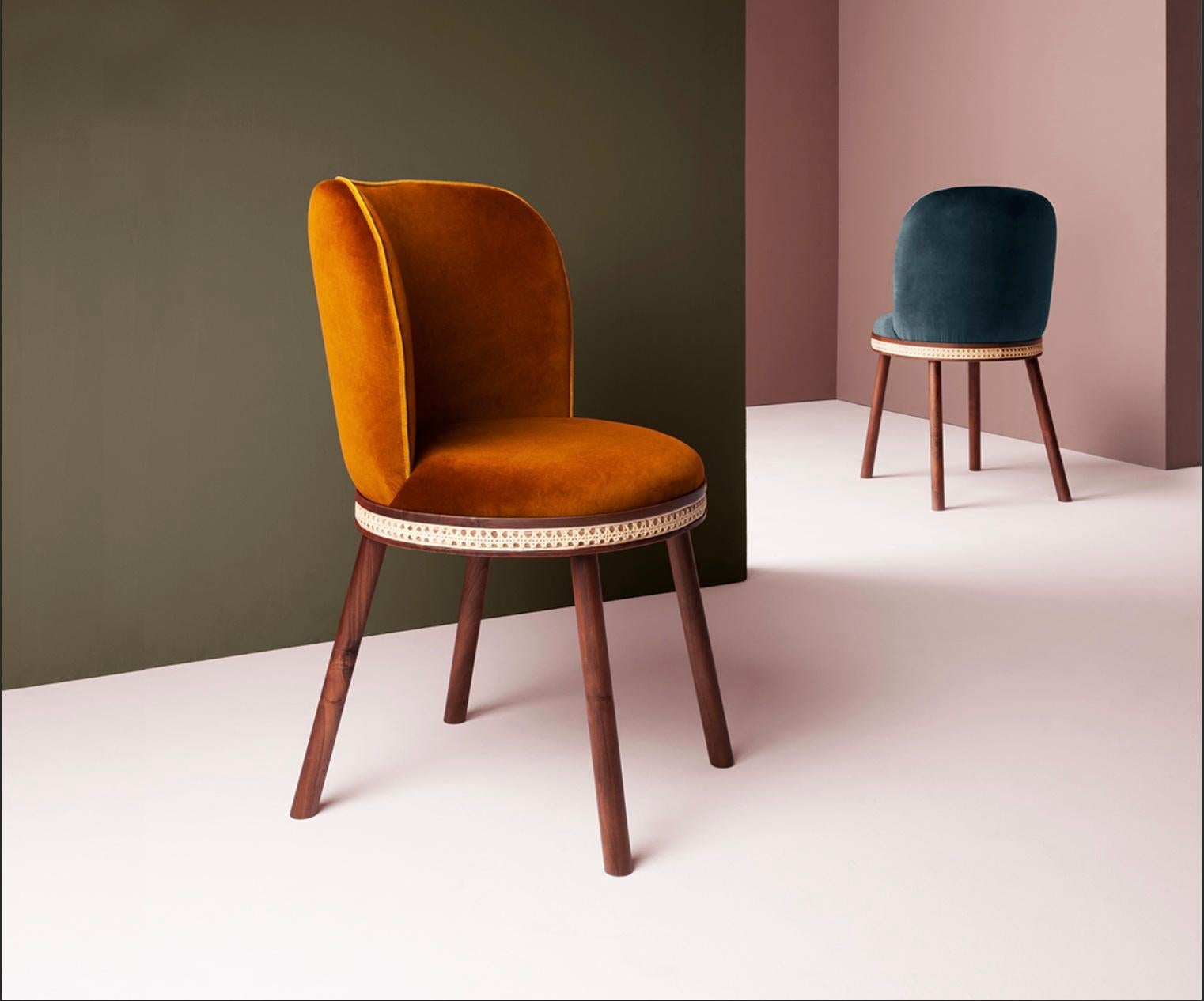 Portuguese DOOQ Mid-Century Modern Dinning Chair Alma Deep Orange Velvet, Walnut Woods Legs For Sale
