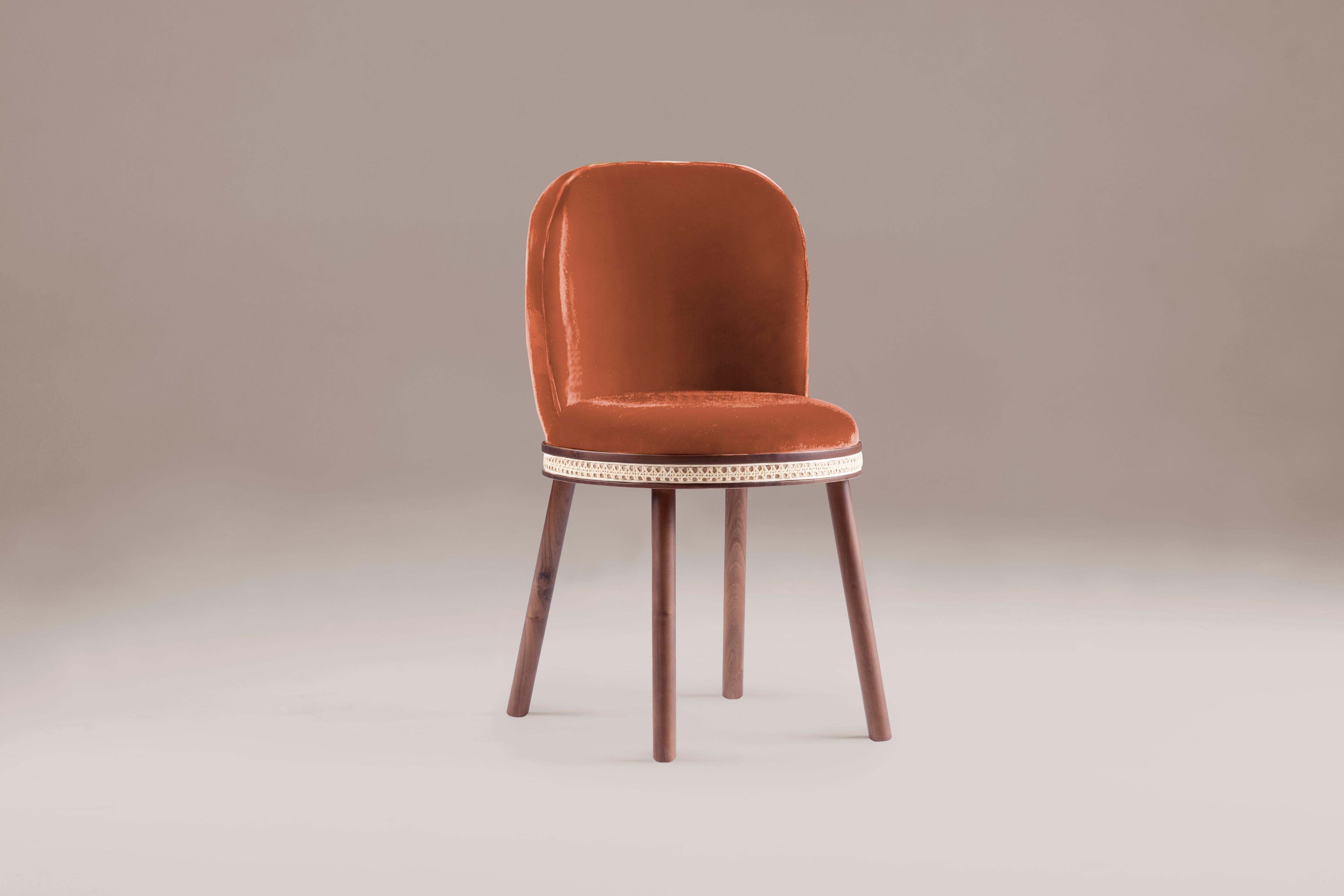 DOOQ Mid-Century Modern Dinning Chair Alma Terracotta Velvet, Walnut Wood Legs

In a piece that combines classic and modern aesthetics we can find a certain harmonic gracefulness paired with an intimate voluptuousness that can embrace you and