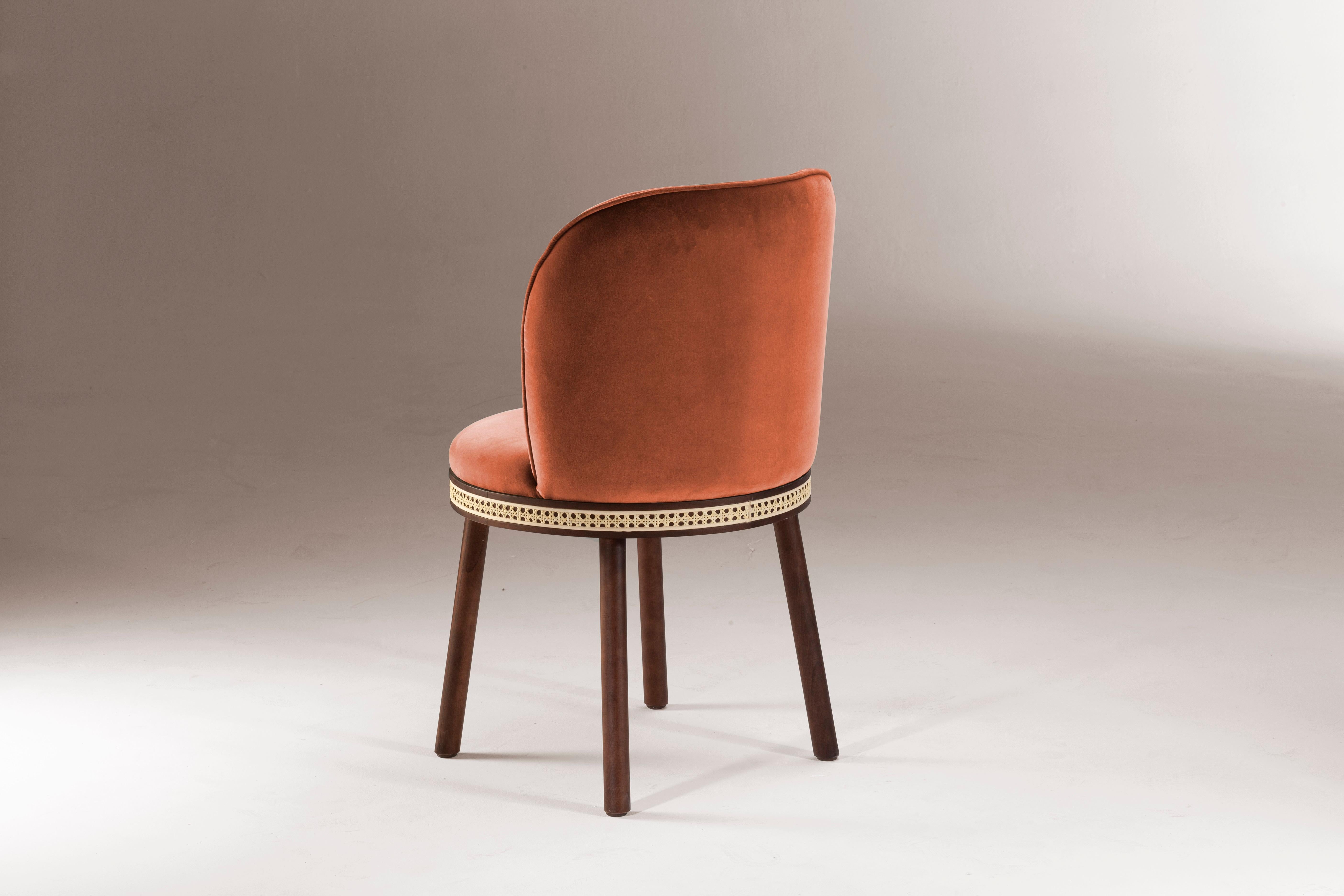 Portuguese DOOQ Mid-Century Modern Dinning Chair Alma Terracotta Velvet, Walnut Wood Legs For Sale