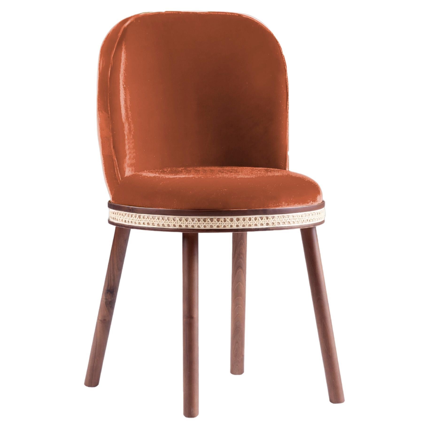 DOOQ Mid-Century Modern Dinning Chair Alma Terracotta Velvet, Walnut Wood Legs For Sale