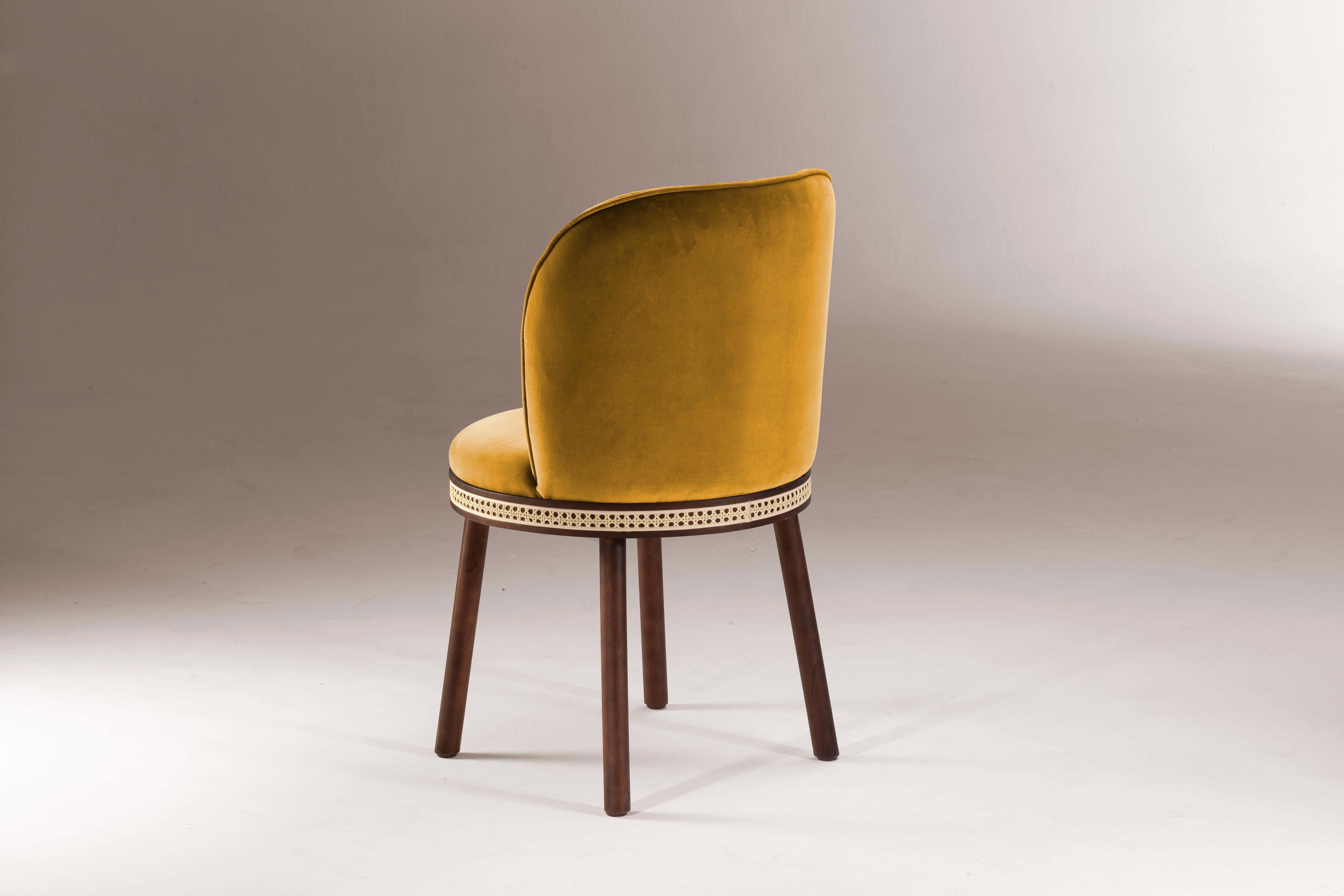 Portuguese DOOQ Mid-Century Modern Dinning Chair Alma in Yellow Velvet and Walnut Wood Legs For Sale