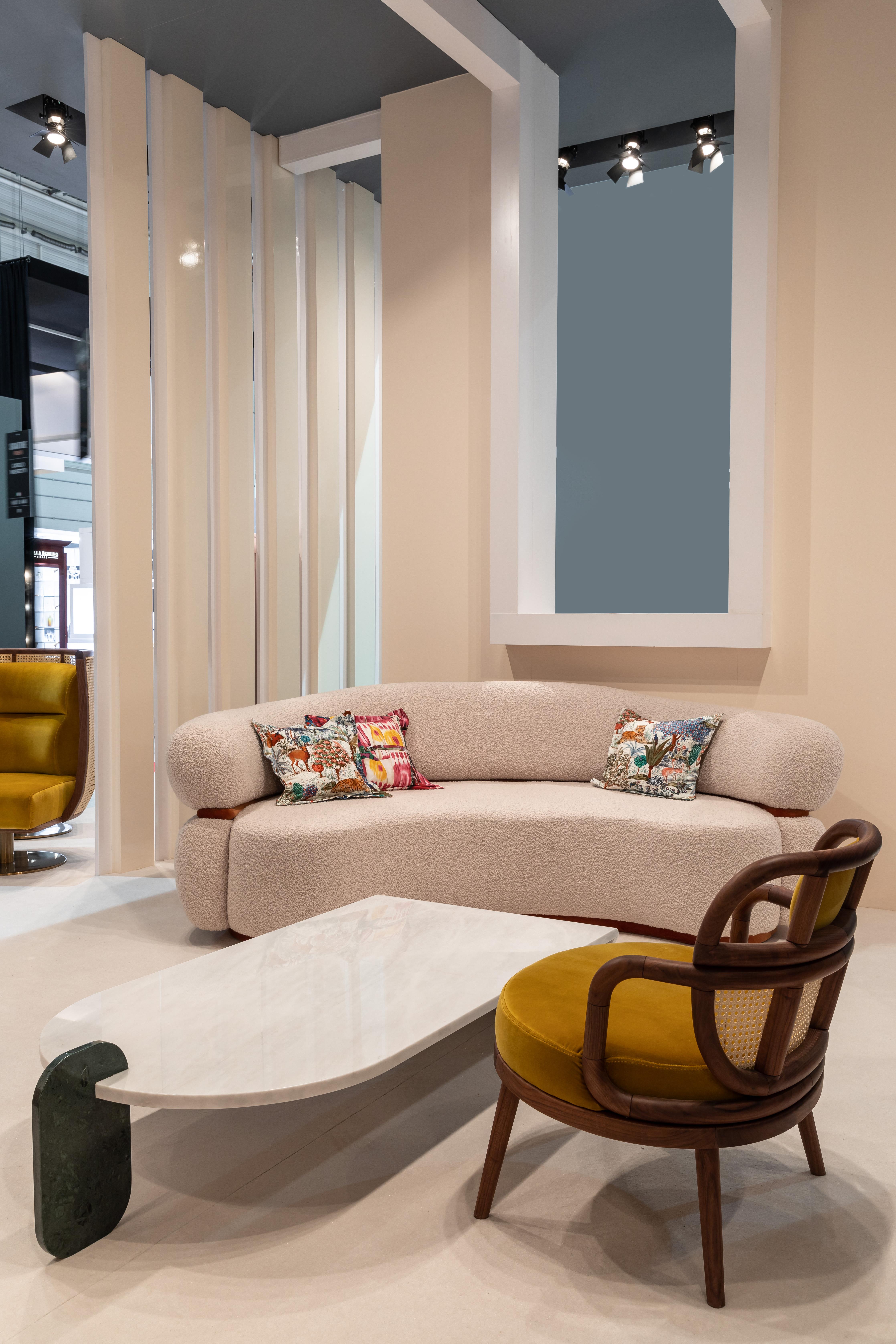 DOOQ Mid-Century Modern Off-White Bouclé Malibu Rundes Sofa, Blauer Samt, w=200 im Angebot 8