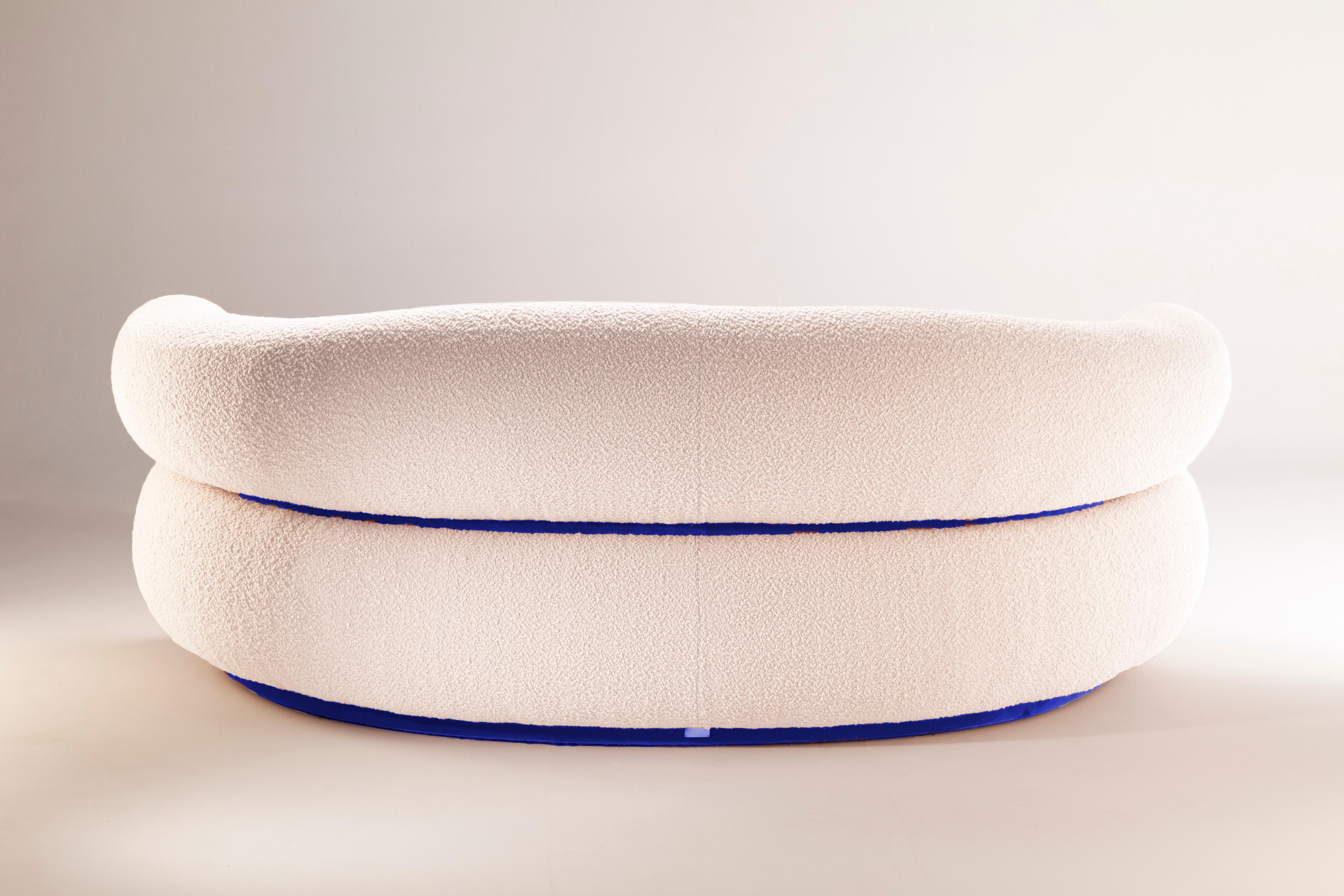 Portuguese DOOQ Mid-Century Modern Off-white Bouclé Malibu Round Sofa, Blue Velvet, w=200 For Sale