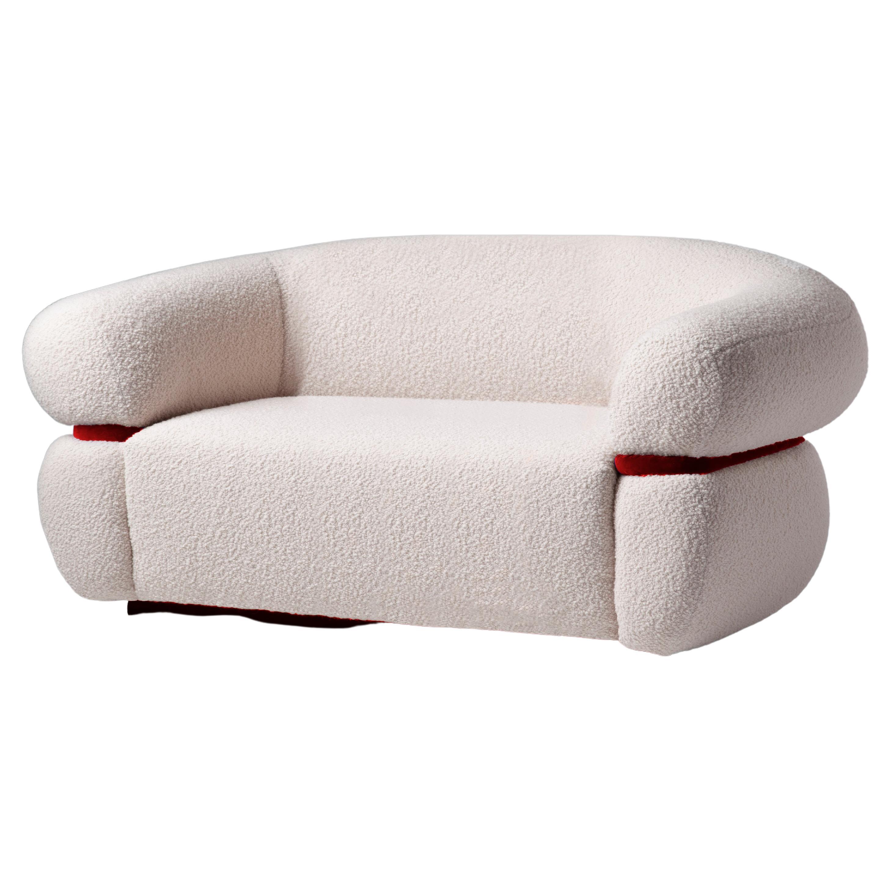 DOOQ Mid-Century Modern Off-white Bouclé Malibu Sofa, Red Cotton Velvet, w=240  For Sale