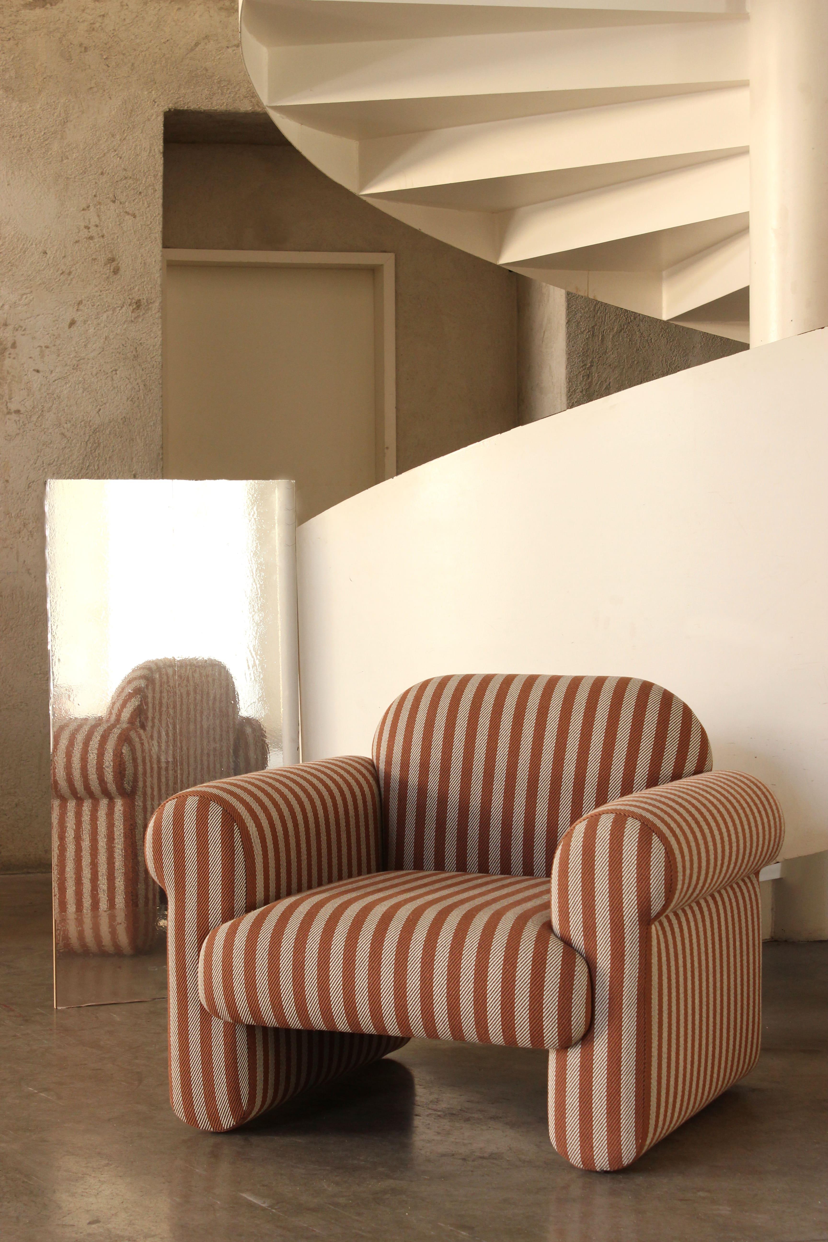 Jacquard DOOQ! NEW! Organic Modern Oscar Armchair, Striped in Brown and Beige Fabric For Sale