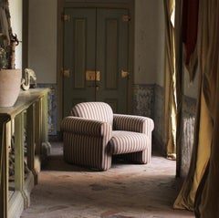 DOOQ! NEW! Organic Modern Oscar Armchair, Striped in Yellow and Brown Fabric