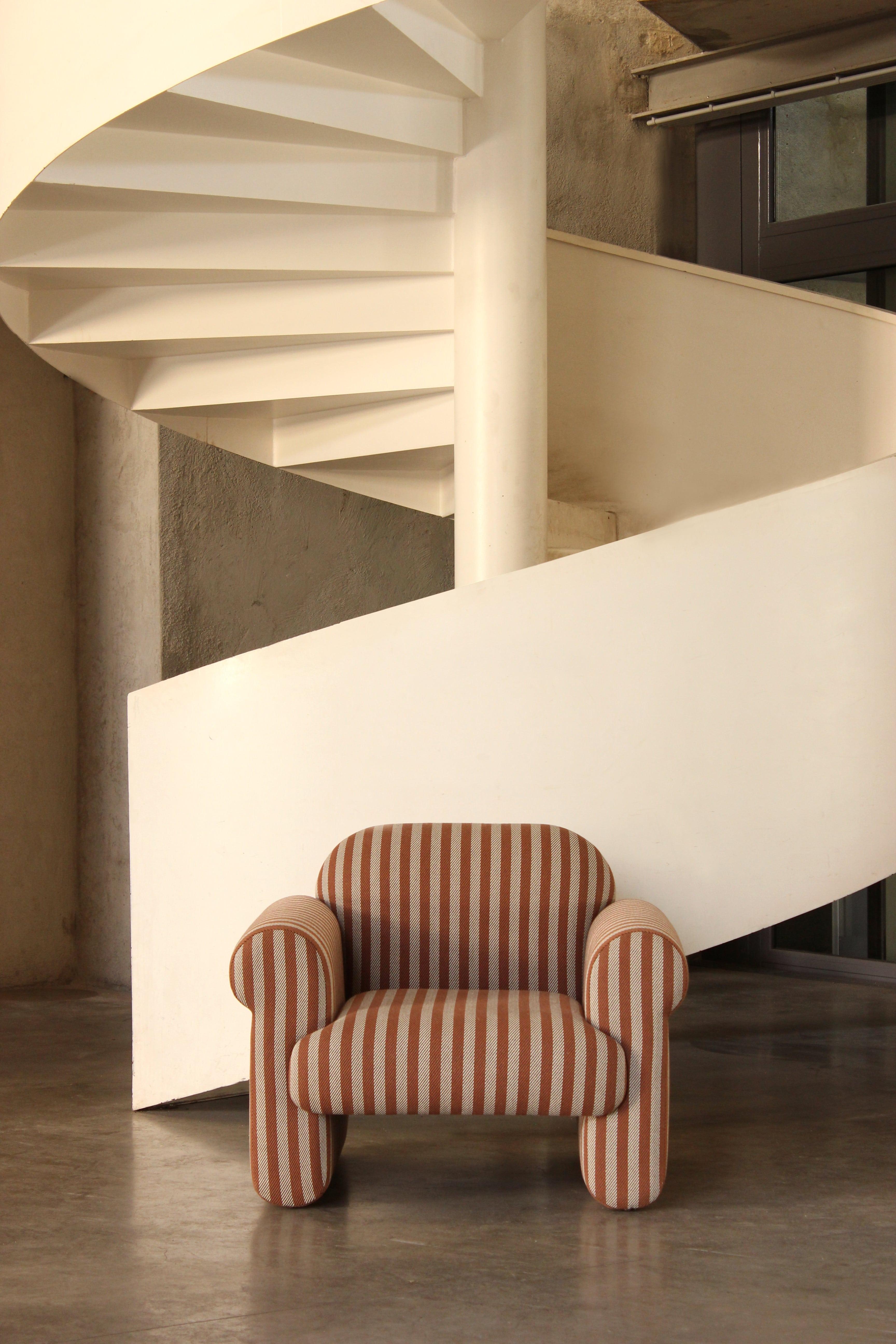 DOOQ! NEW! Organic Modern Oscar Armchair, Striped in Yellow and Brown Fabric For Sale 1