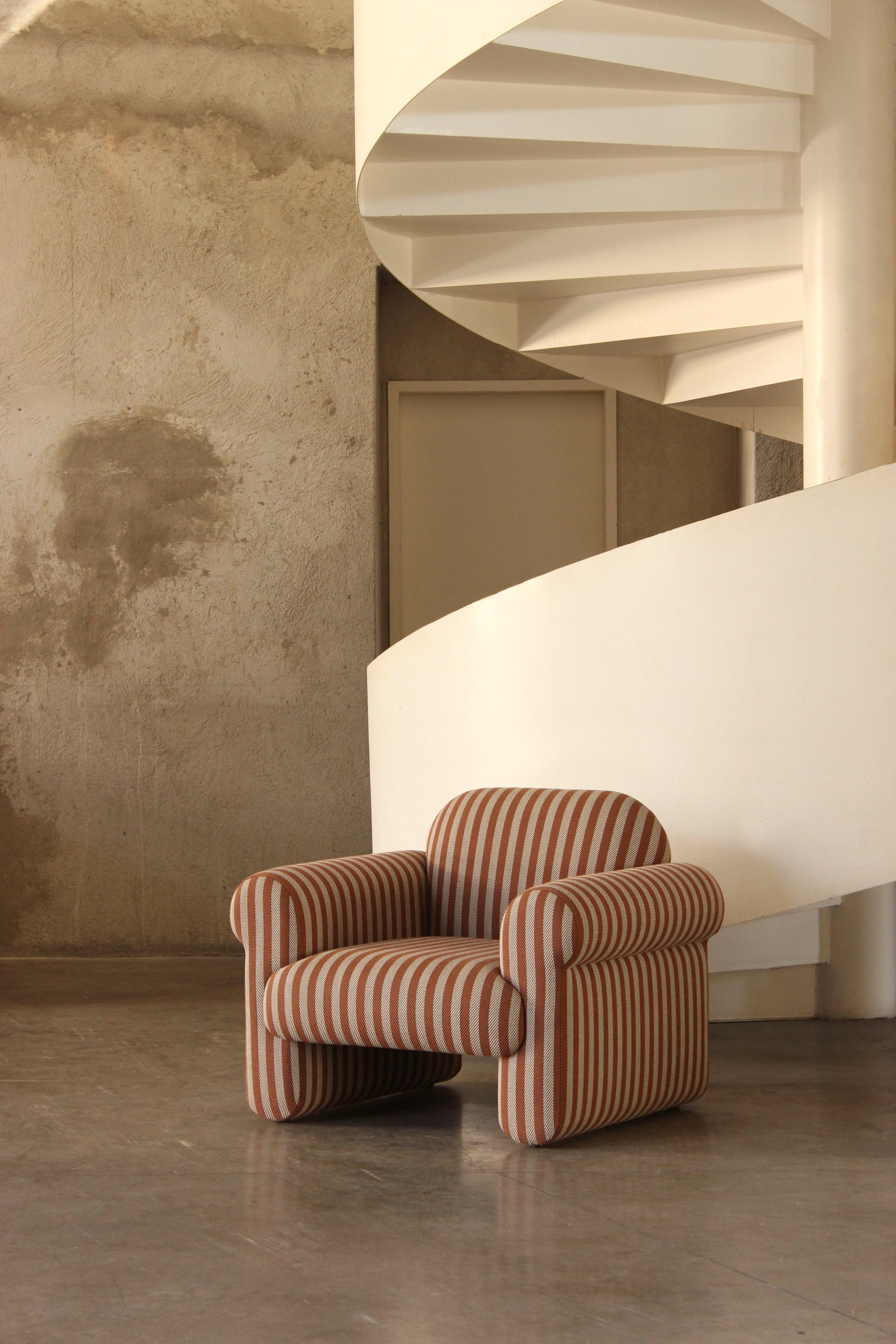 DOOQ! NEW! Organic Modern Oscar Armchair, Striped in Yellow and Brown Fabric For Sale 2