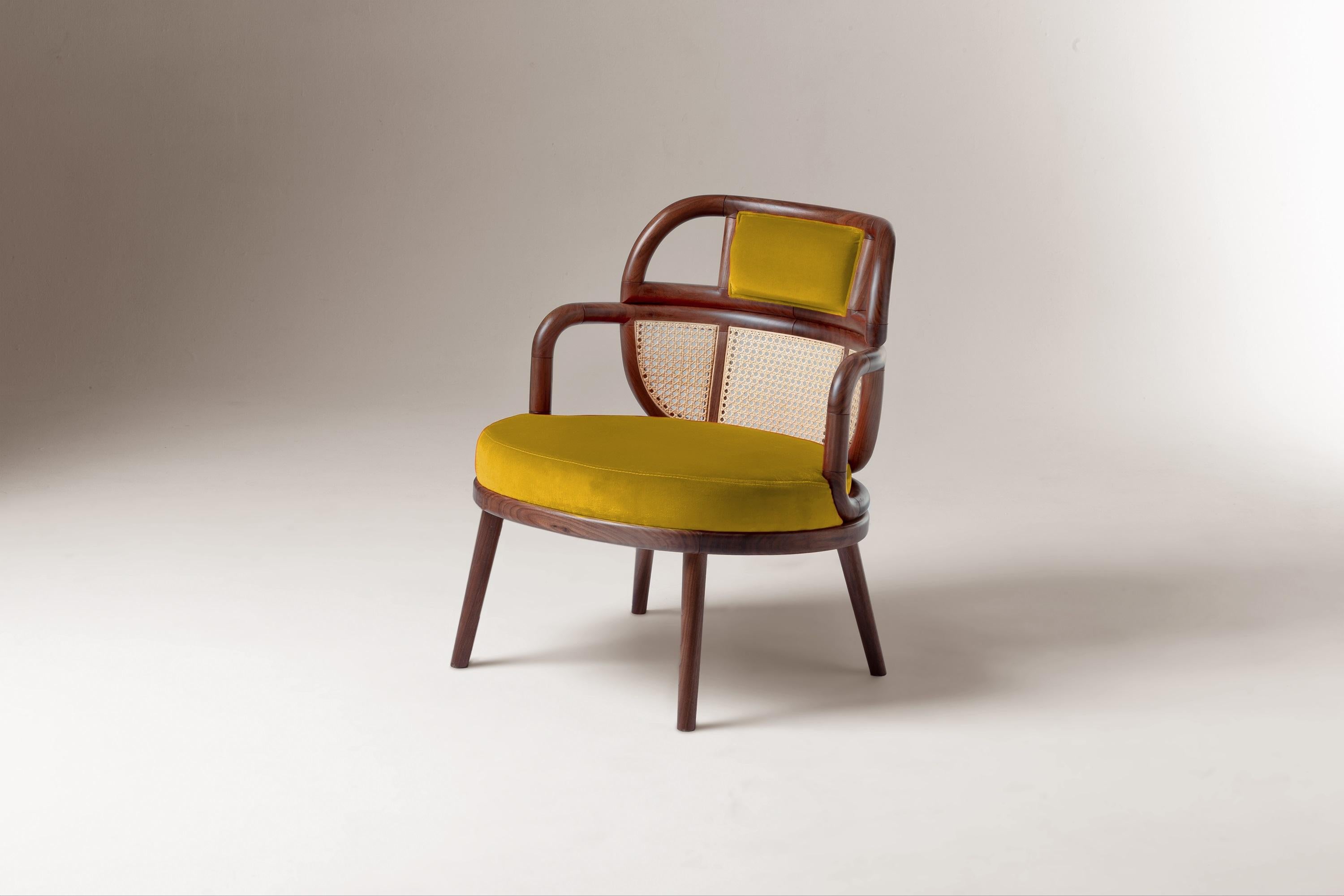 Mid-Century Modern DOOQ Organic Modern Armchair Havana in Solid Walnut and Soft Dijon Cotton Velvet For Sale