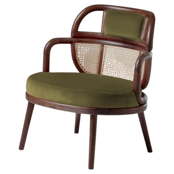 DOOQ Organic Modern Armchair Havana in Solid Walnut and Soft Kiwi Cotton Velvet For Sale