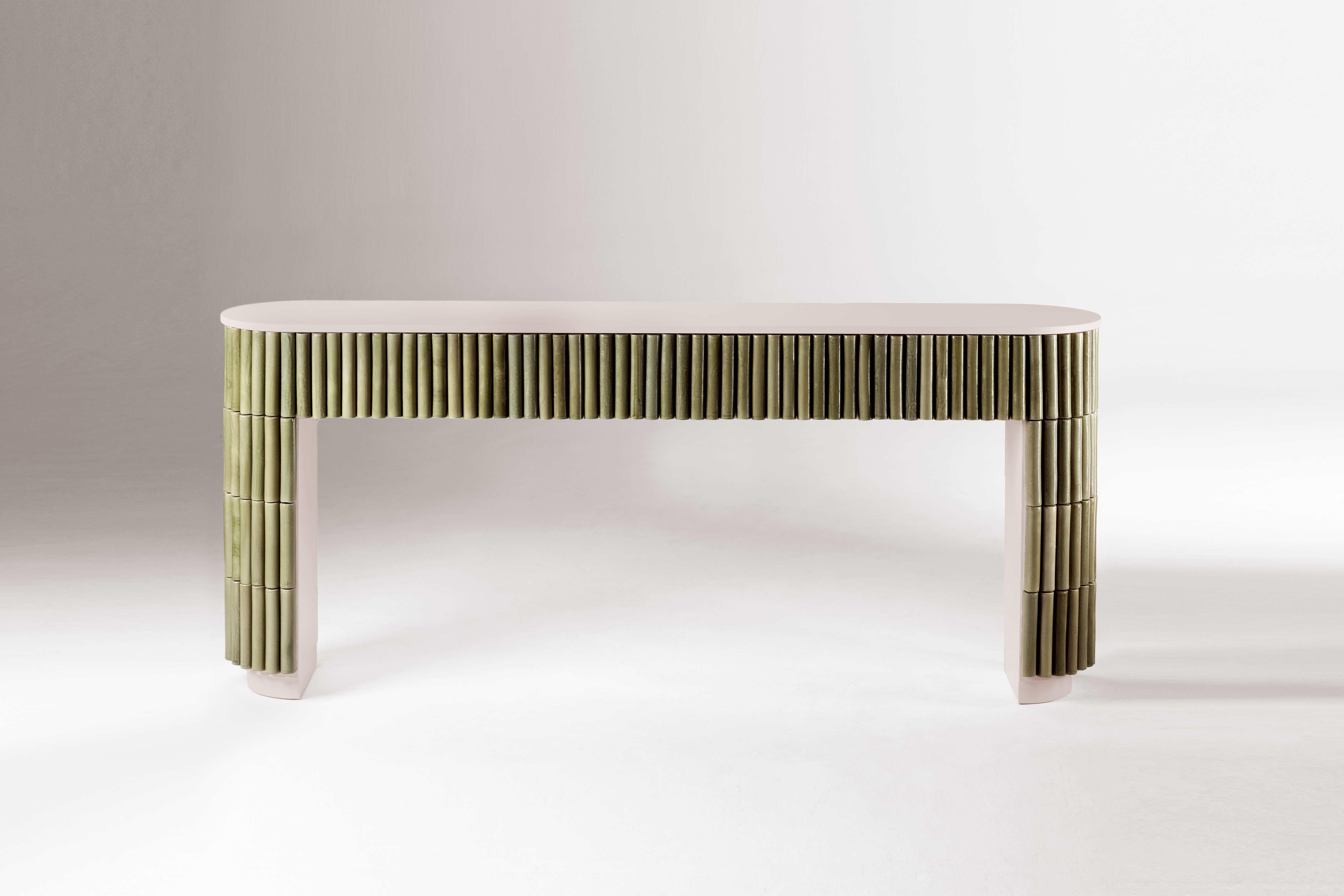 Lacquered DOOQ Organic Modern Handmade Nouvelle Vague Console Table Powder and Lime For Sale