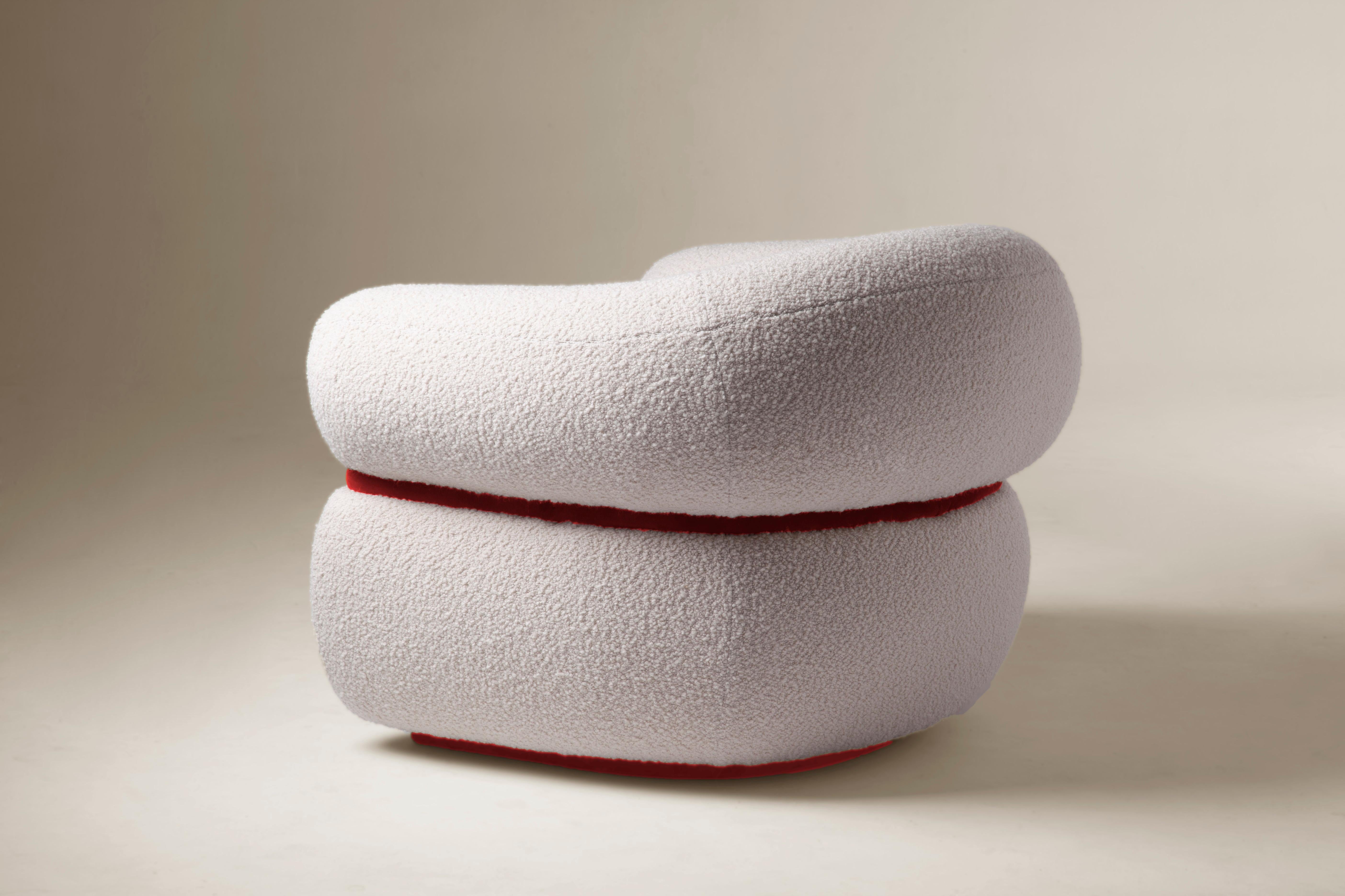 Mid-Century Modern DOOQ Organic Modern Off-white Bouclé Armchair with Red Velvet details Malibu For Sale