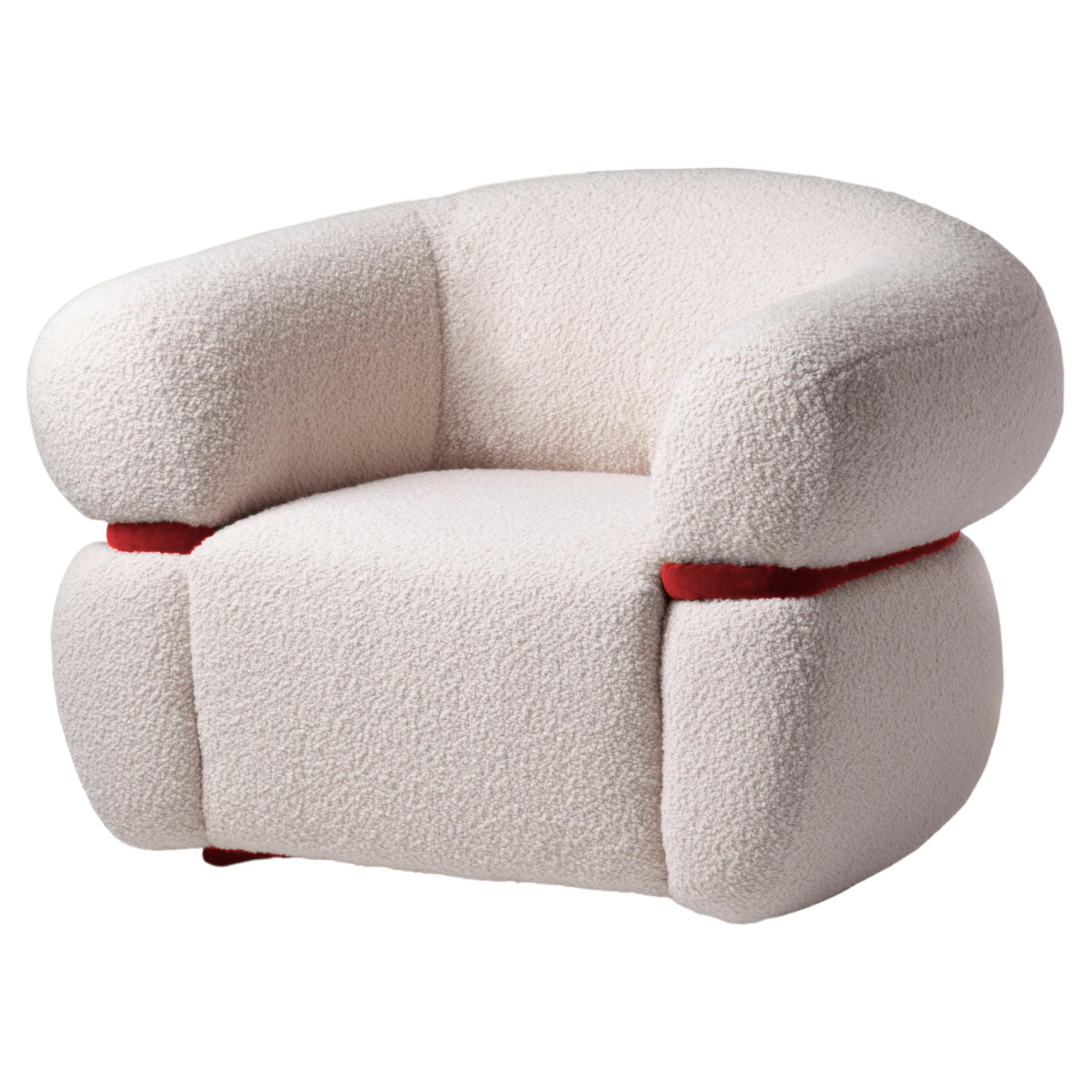 DOOQ Organic Modern Off-white Bouclé Armchair with Red Velvet details Malibu For Sale