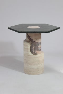 DOOQ! New! Modern! Braque Side Table in Travertine and Green Marble