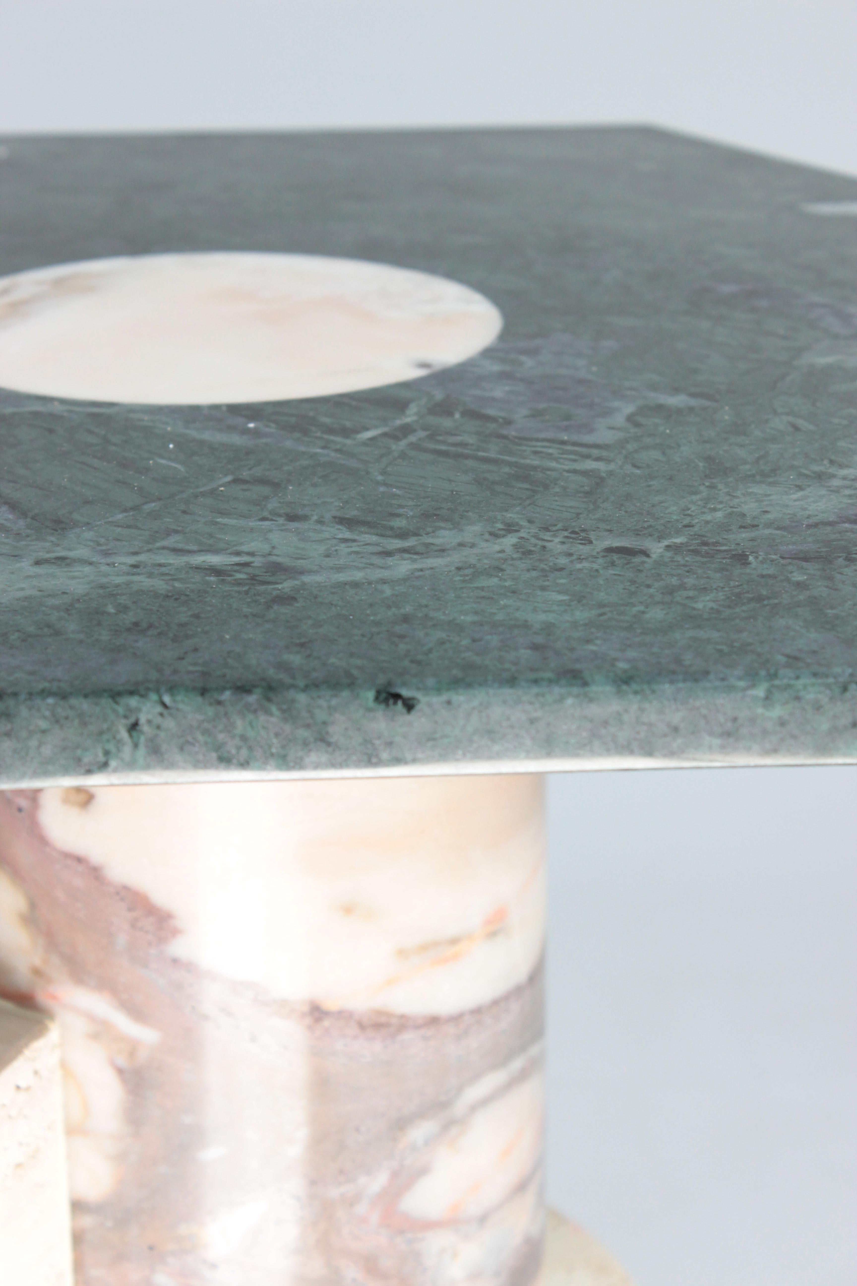 Portuguese DOOQ! Side Table in Travertine and Green Marble Braque For Sale