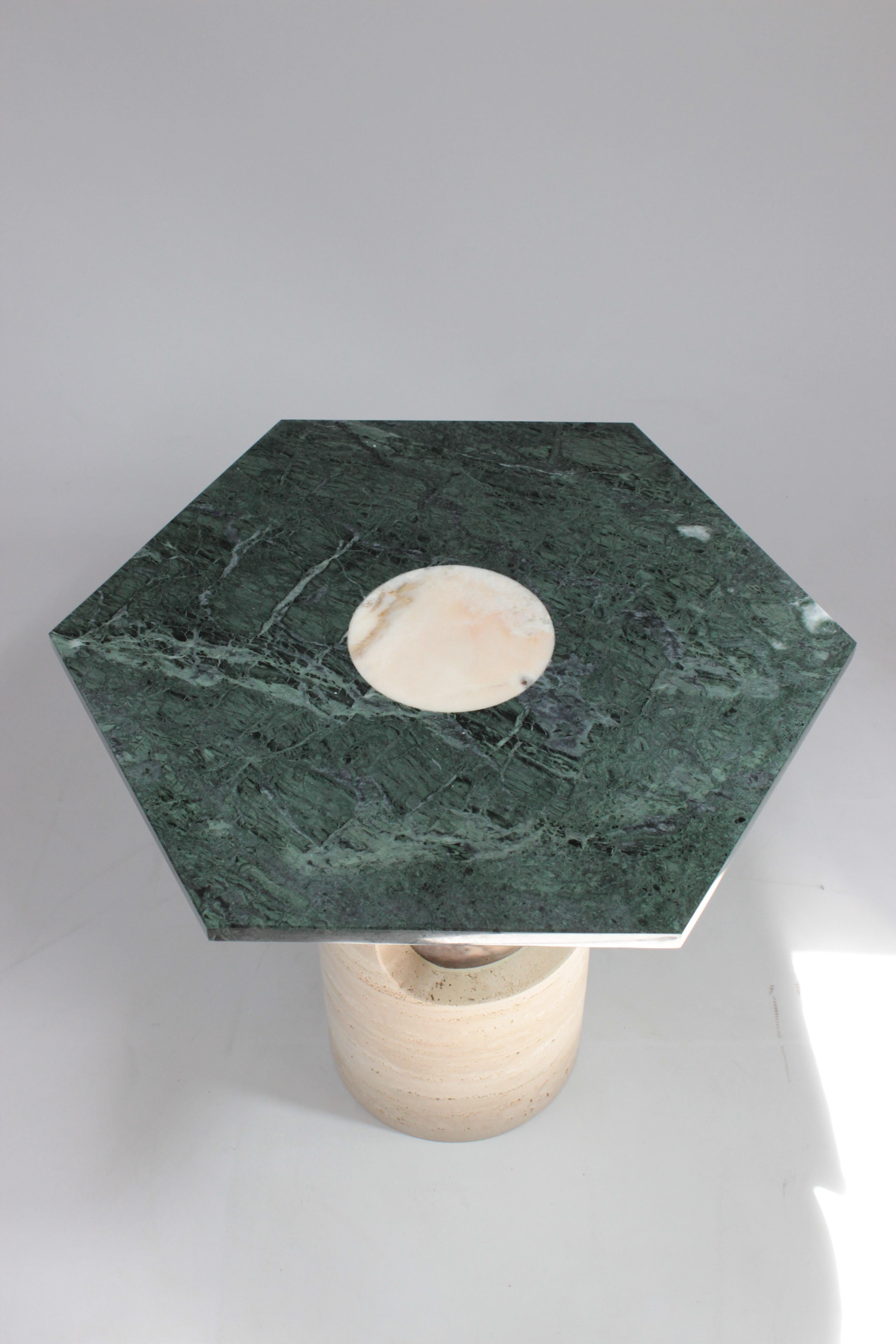 DOOQ! Side Table in Travertine and Green Marble Braque For Sale 1