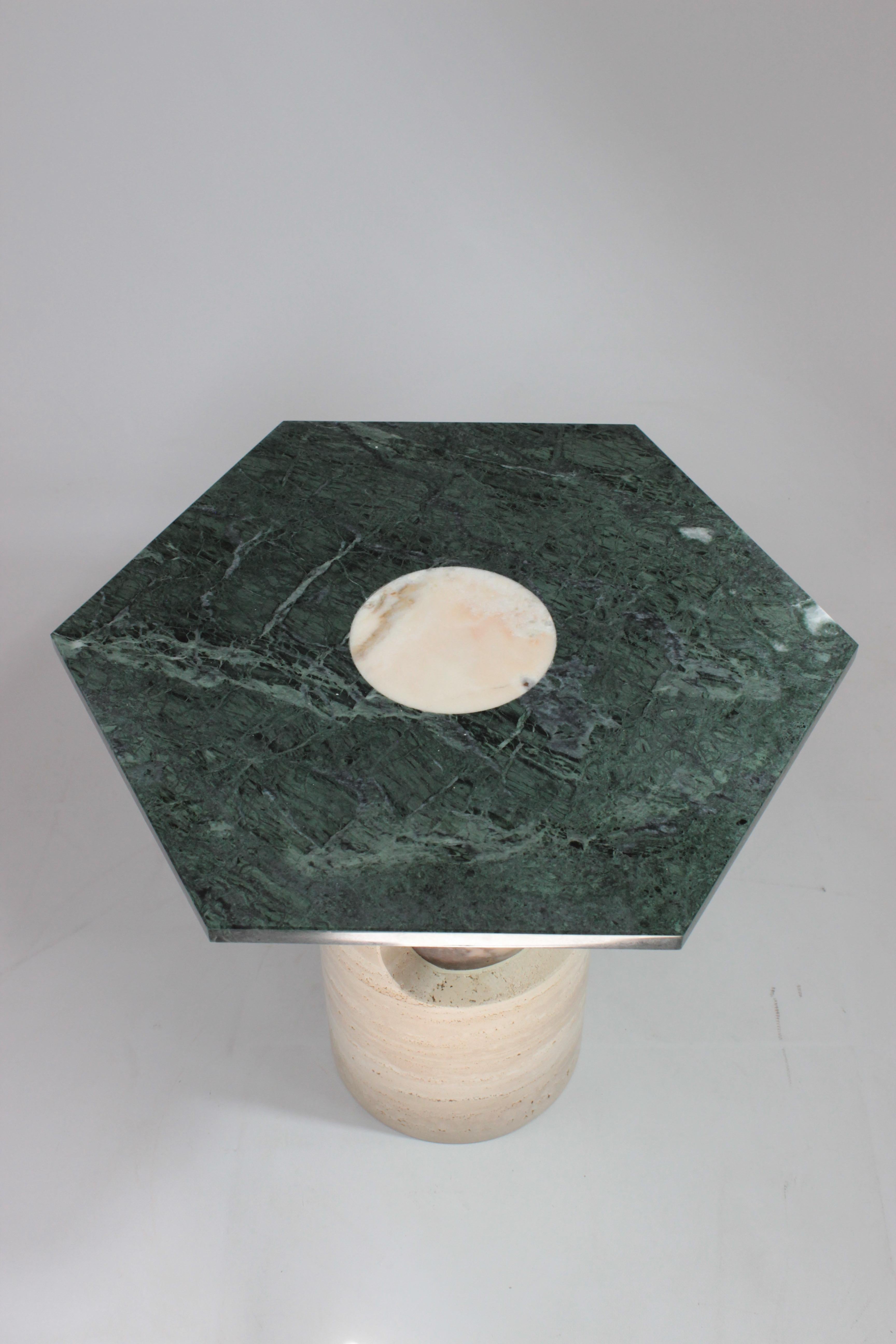 DOOQ! Side Table in Travertine and Green Marble Braque For Sale 2