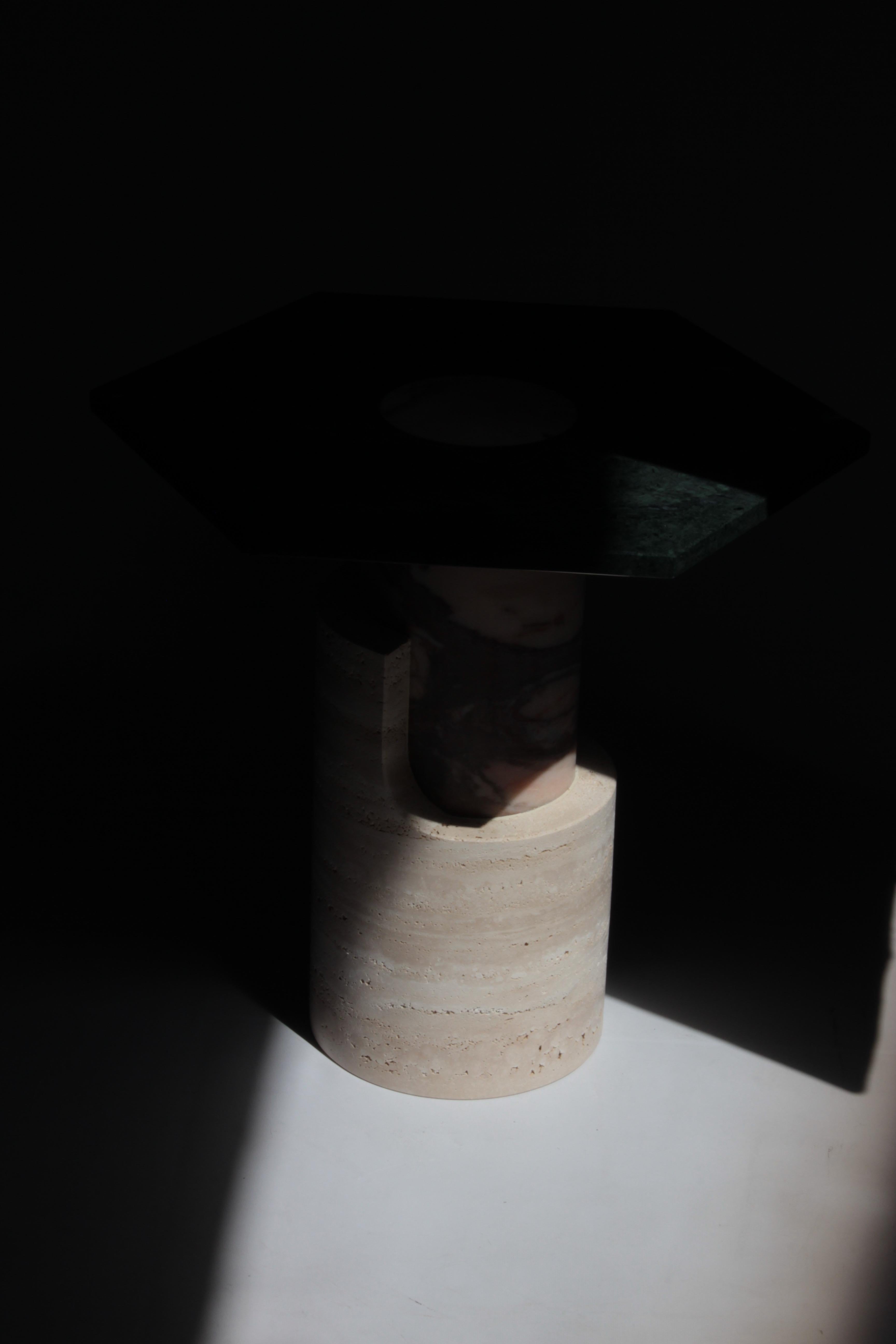 DOOQ! Side Table in Travertine and Green Marble Braque For Sale 3
