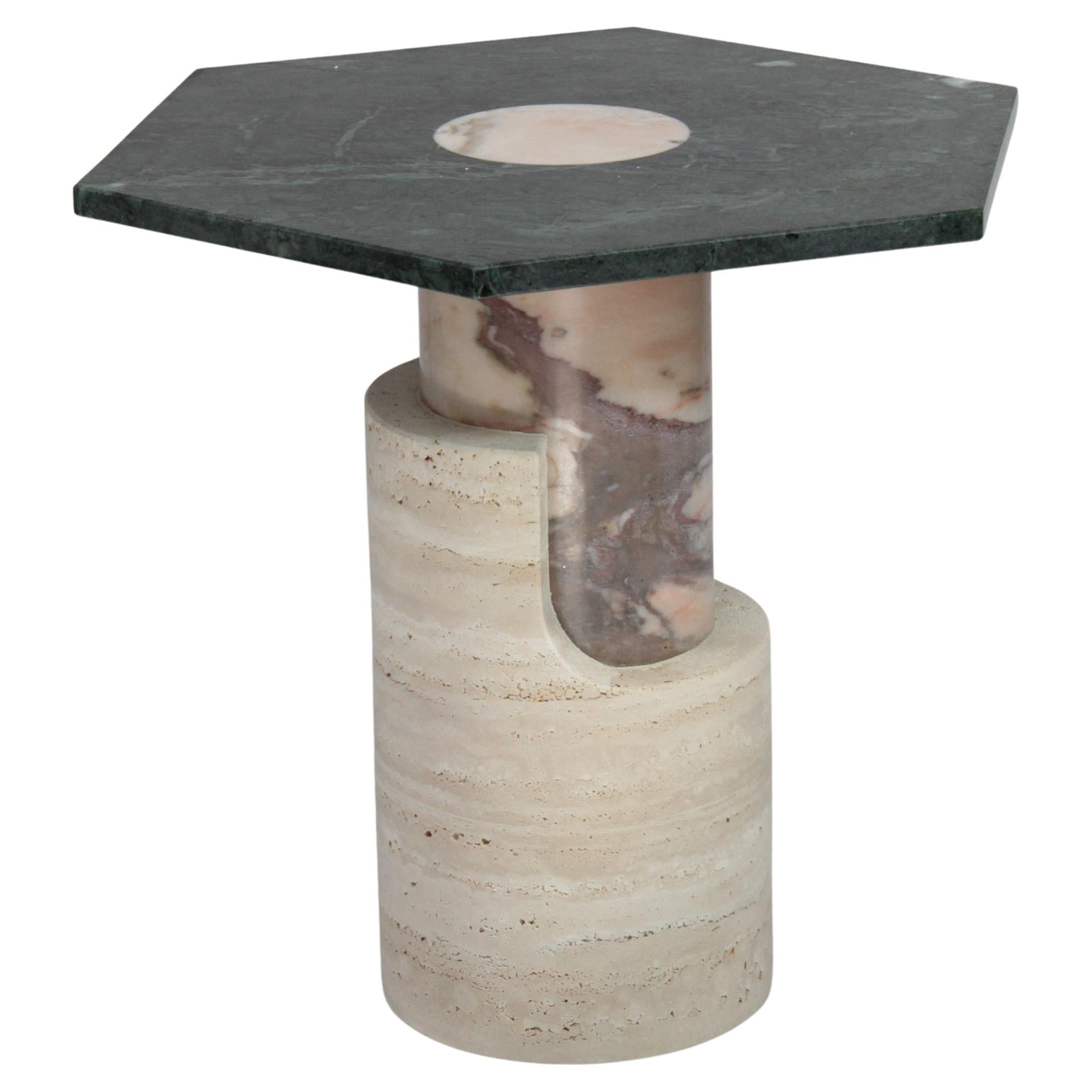 DOOQ! Side Table in Travertine and Green Marble Braque For Sale