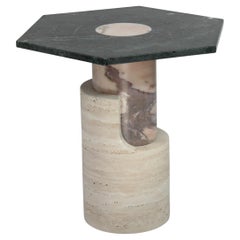DOOQ! Side Table in Travertine and Green Marble Braque