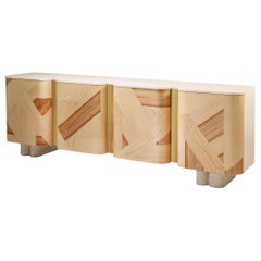 DOOQ Sideboard Kisho with Olive Ash Wood Marquetry, Brass, Marble, Jade, Ivory