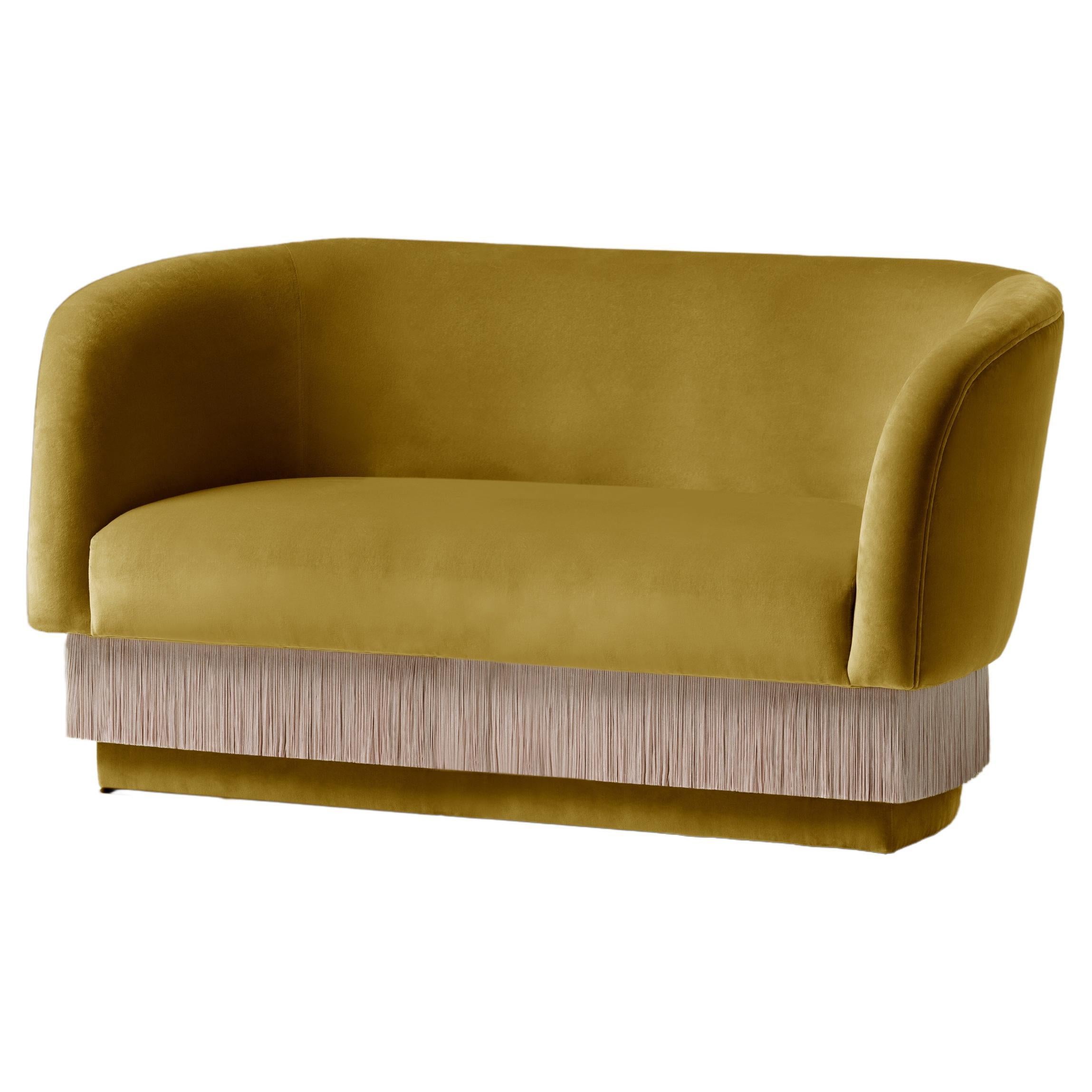 DOOQ Sofa Settee with Soft Dijon Velvet and Silk Fringes La Folie 140cm