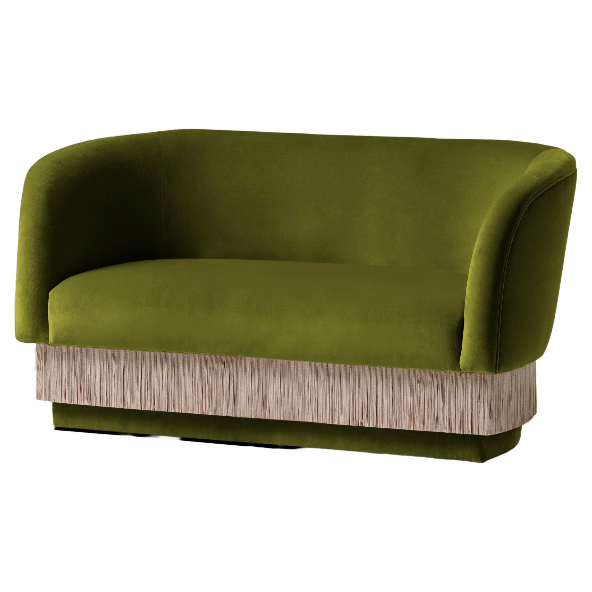 DOOQ Sofa Settee with Soft Kiwi Velvet and Silk Fringes La Folie 140cm For Sale