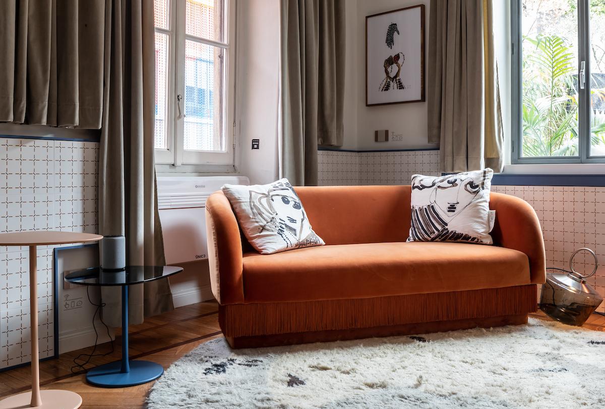 Mid-Century Modern DOOQ Sofa Settee with Soft Papaye Velvet and Silk Fringes La Folie 140cm For Sale