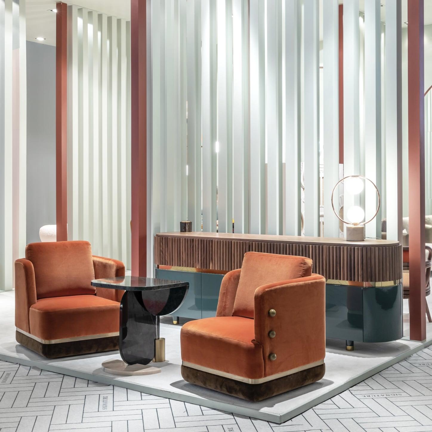 DOOQ Swivel Armchair in Grey and Orange with Brass Detail Panorama For Sale 3