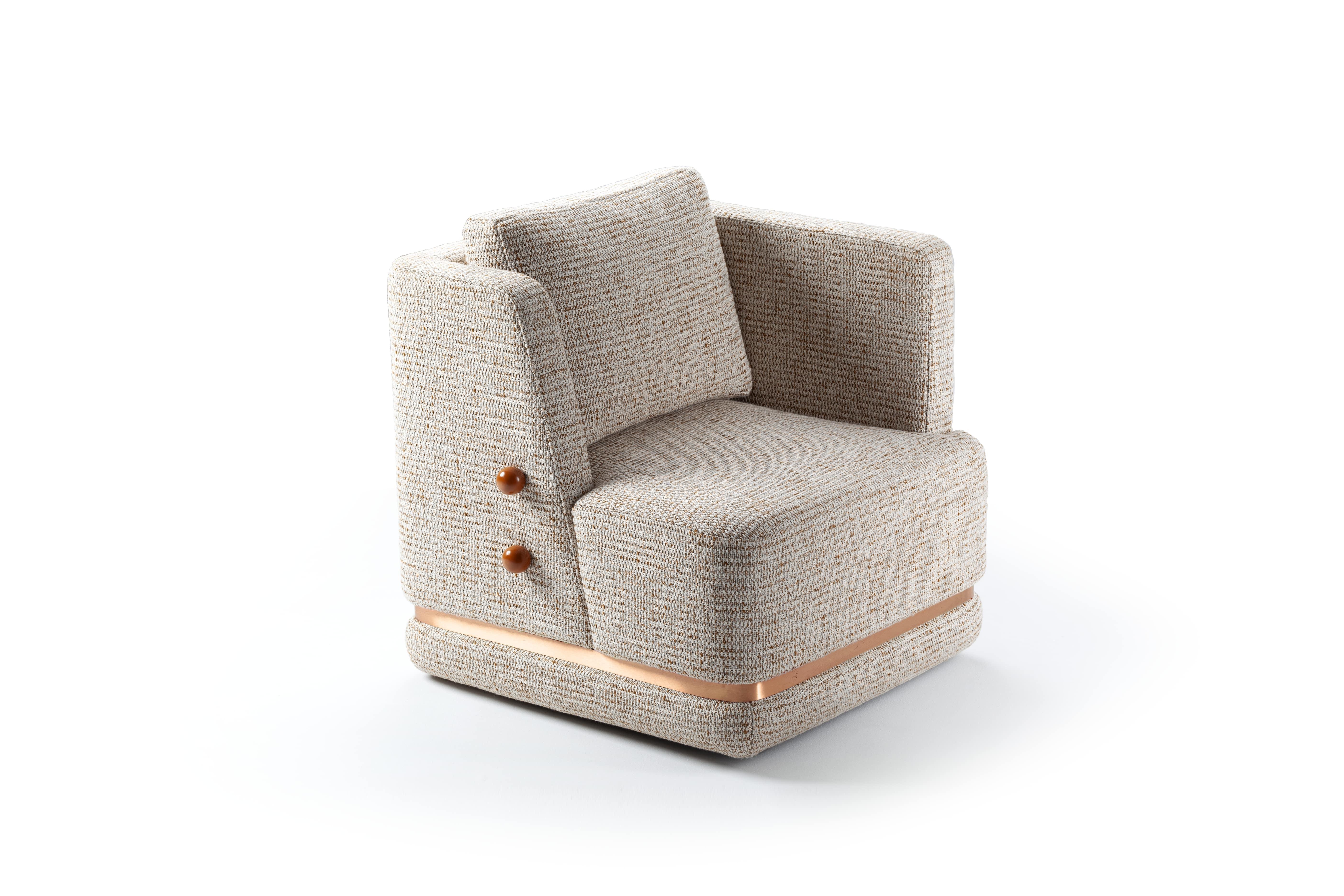 Contemporary DOOQ Swivel Armchair in Grey and Orange with Brass Detail Panorama For Sale