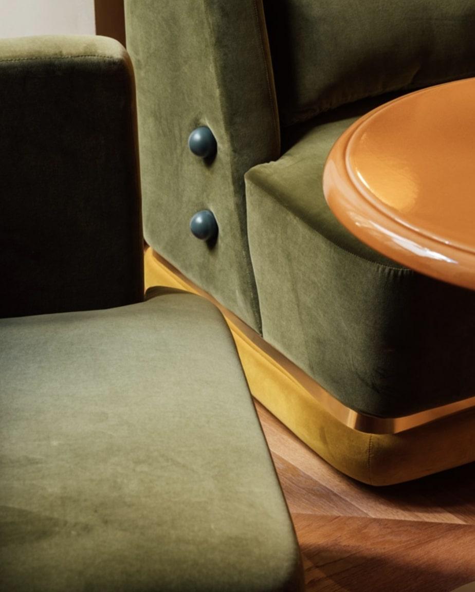 DOOQ Swivel Armchair with Green Velvet and Brass Detail Panorama For Sale 1