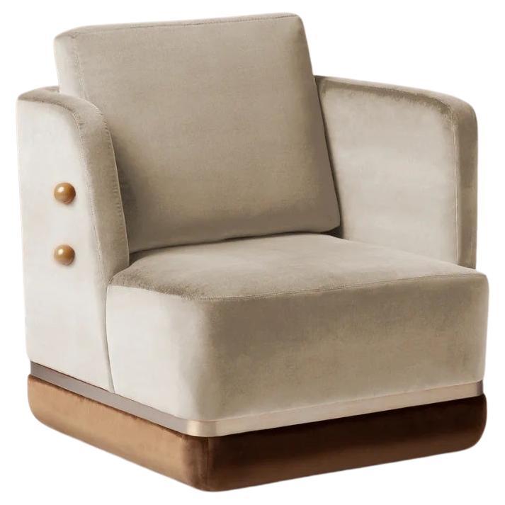 DOOQ Swivel Armchair with Soft Light Velvet and Brass Detail Panorama For Sale
