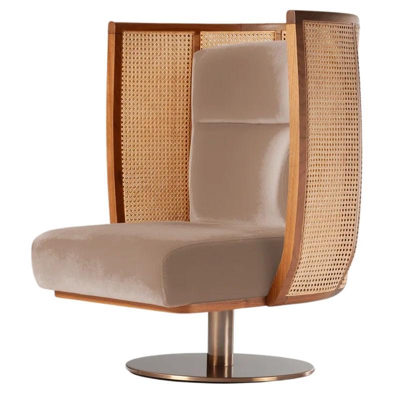 DOOQ Swivel Egoísta Armchair with Solid Walnut, Rattan and Beige Velvet