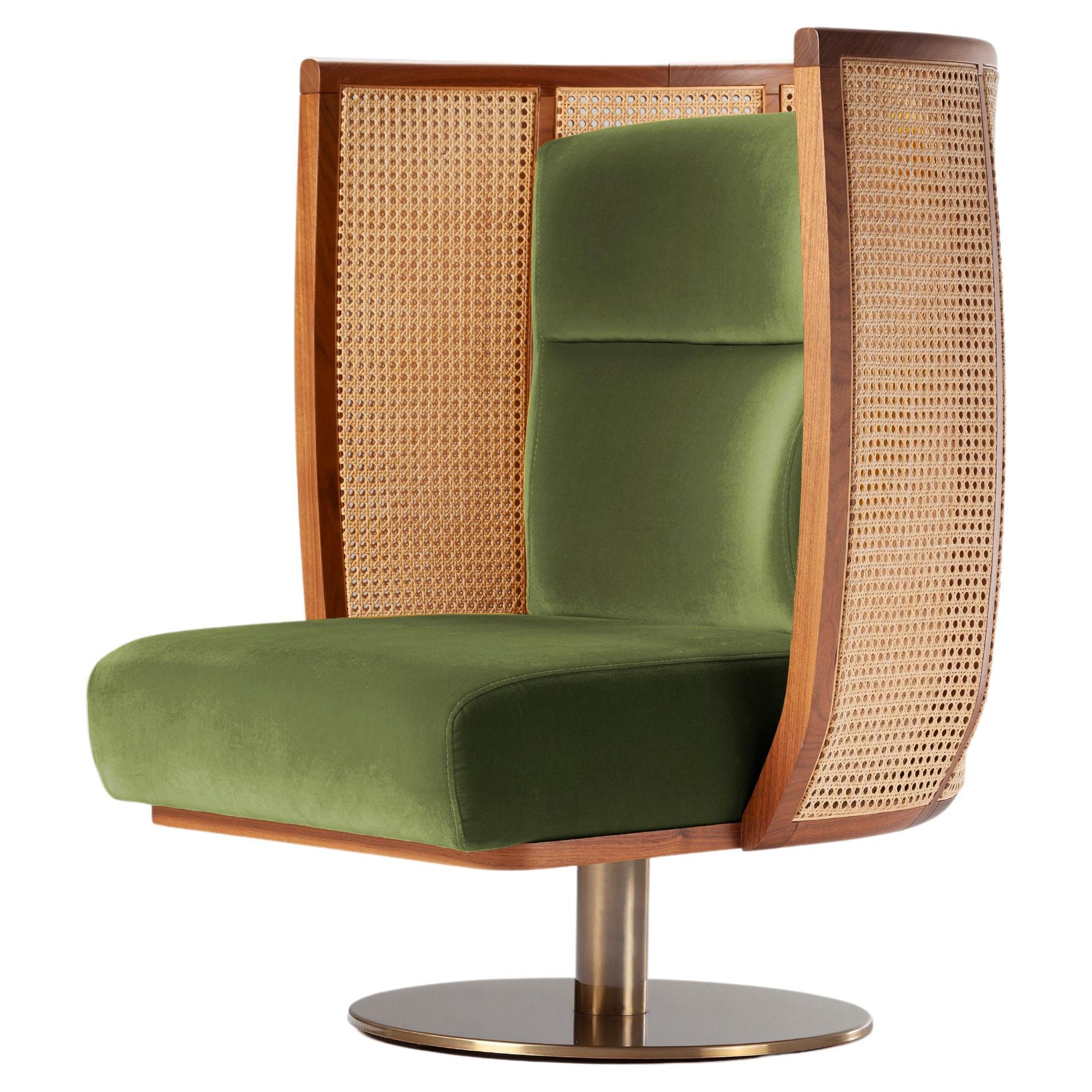 DOOQ Swivel Egoísta Armchair with Solid Walnut, Rattan and Soft Green Velvet For Sale