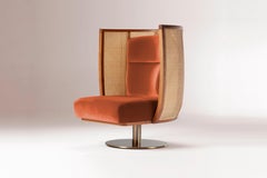 DOOQ Swivel Egoísta Armchair with Solid Walnut, Rattan and Orange Velvet