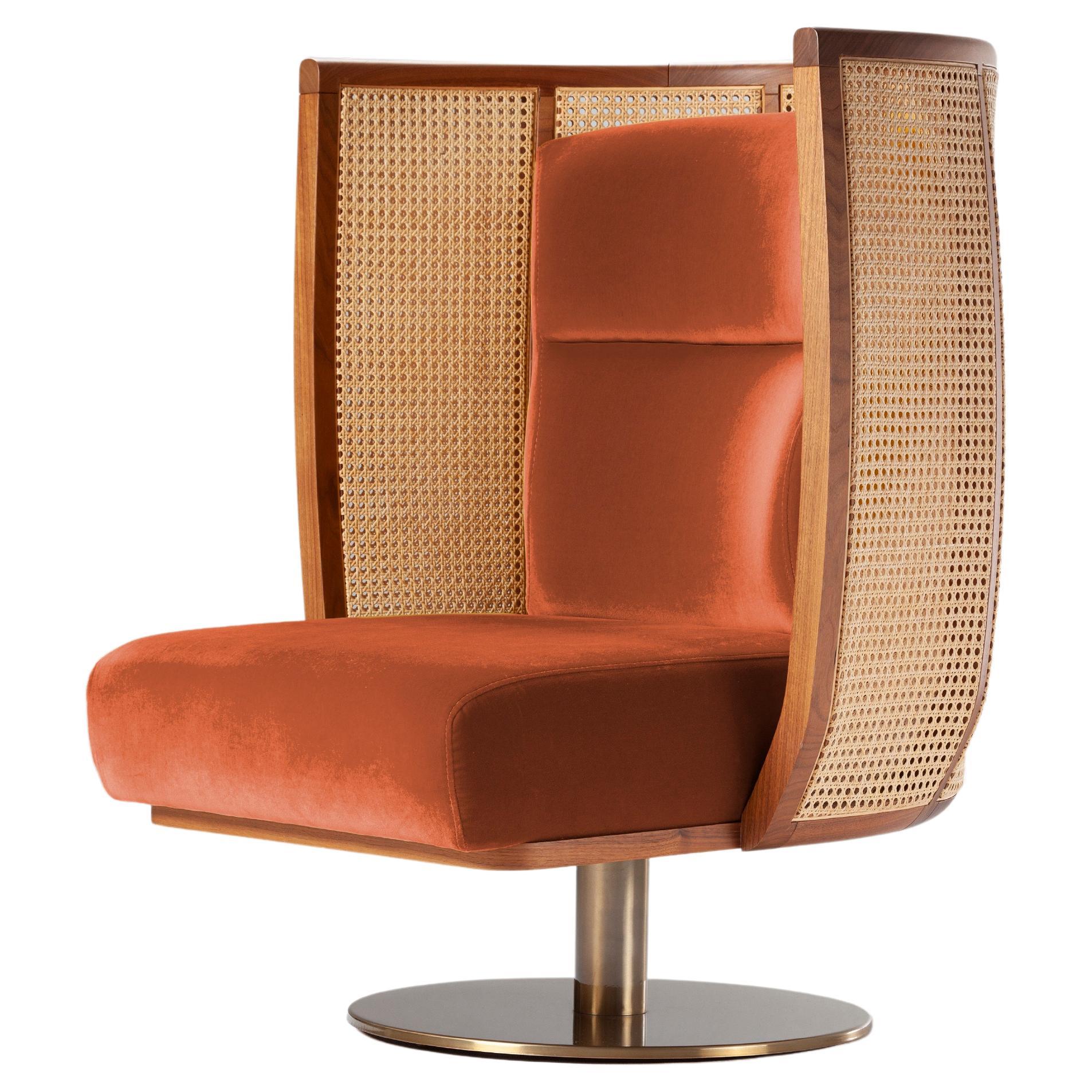 DOOQ Swivel Egoísta Armchair with Solid Walnut, Rattan and Terracotta Velvet  For Sale