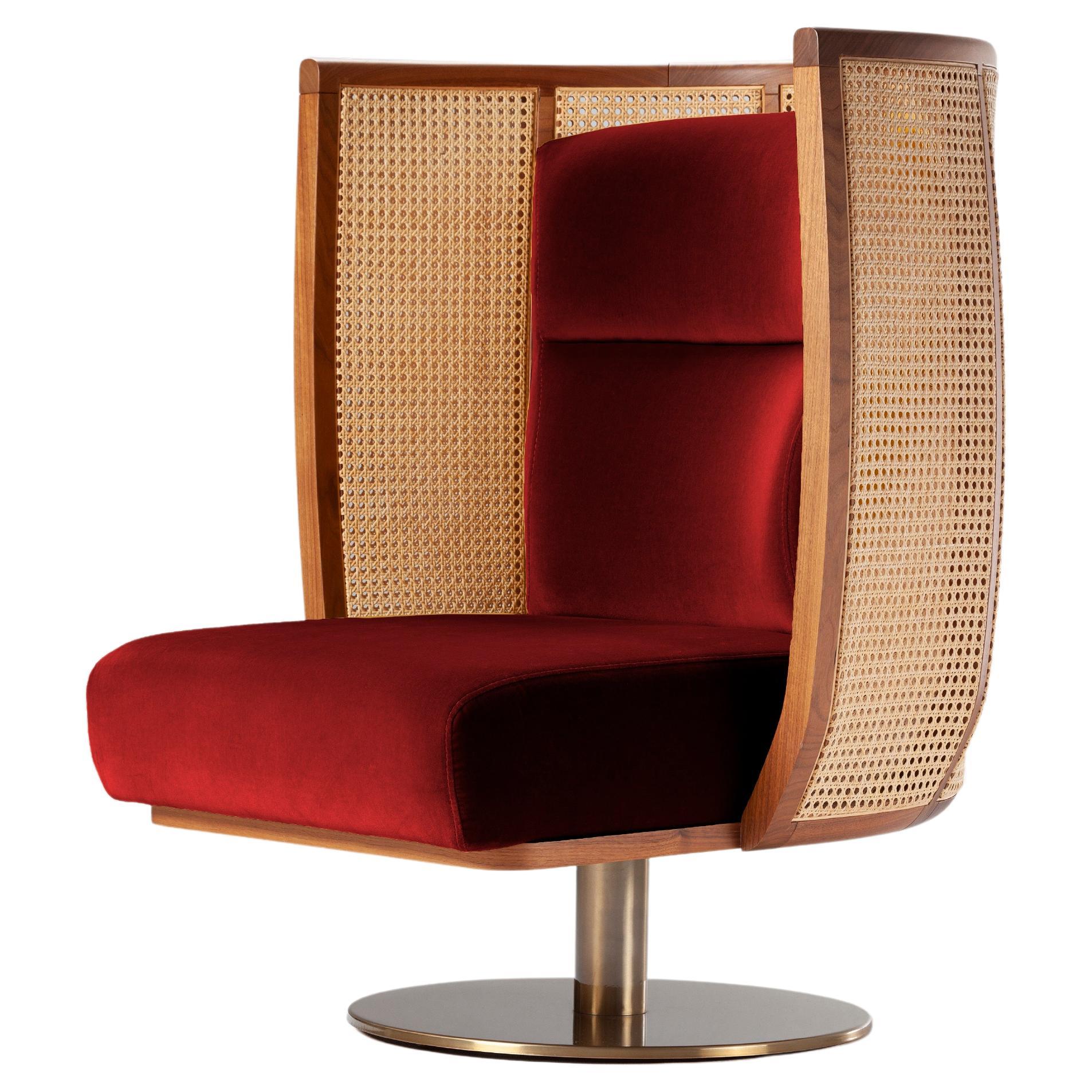 DOOQ Swivel Egoísta Armchair with Solid Walnut, Rattan and Wine Velvet  For Sale