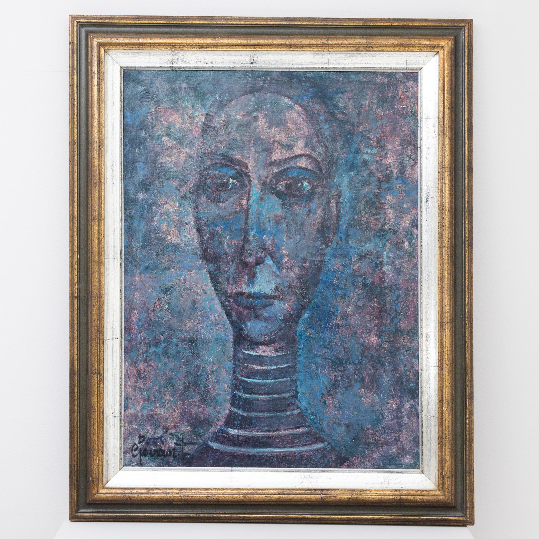 Depiction of a woman's head with necklace in impasto color application in blue and pink tones. Bottom left signed Door Gevaert. Image size: 78 x 58 cm. Oil on canvas; profiled wooden frame.
