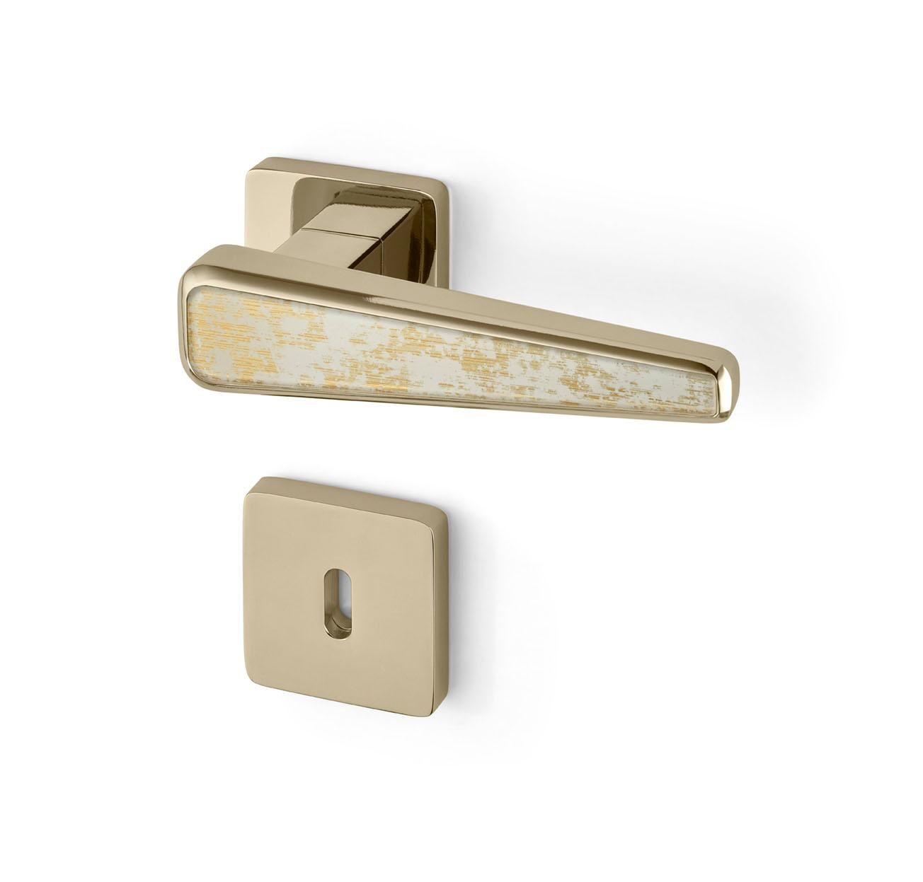 Maniglia per porta con piastra in alluminio Corpo della maniglia in ottone lucidato finitura champagne Vetrite in vendita 1