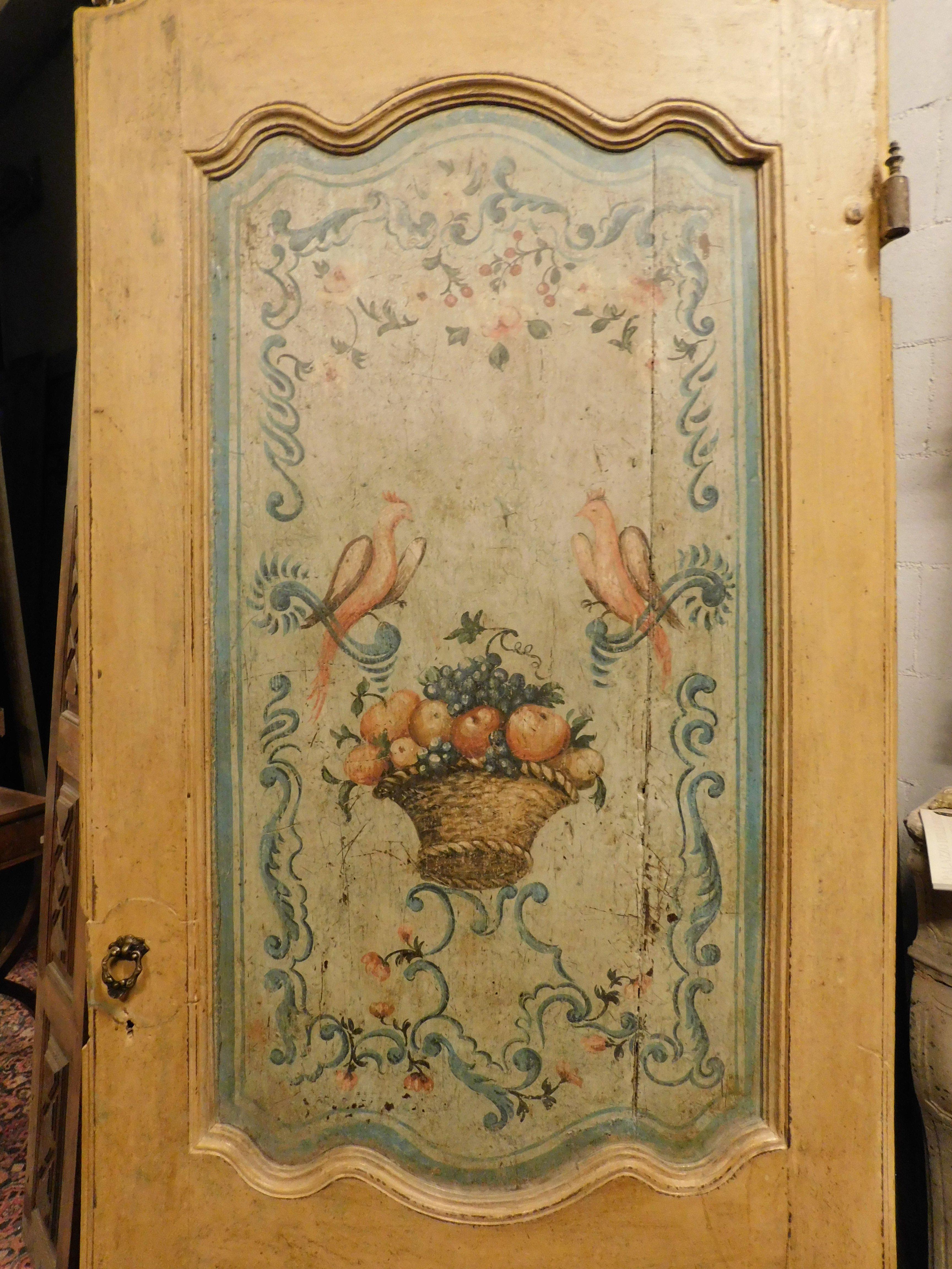 Poplar Door lacquered and painted with flowers, fruits and birds, double-sided, Italy For Sale