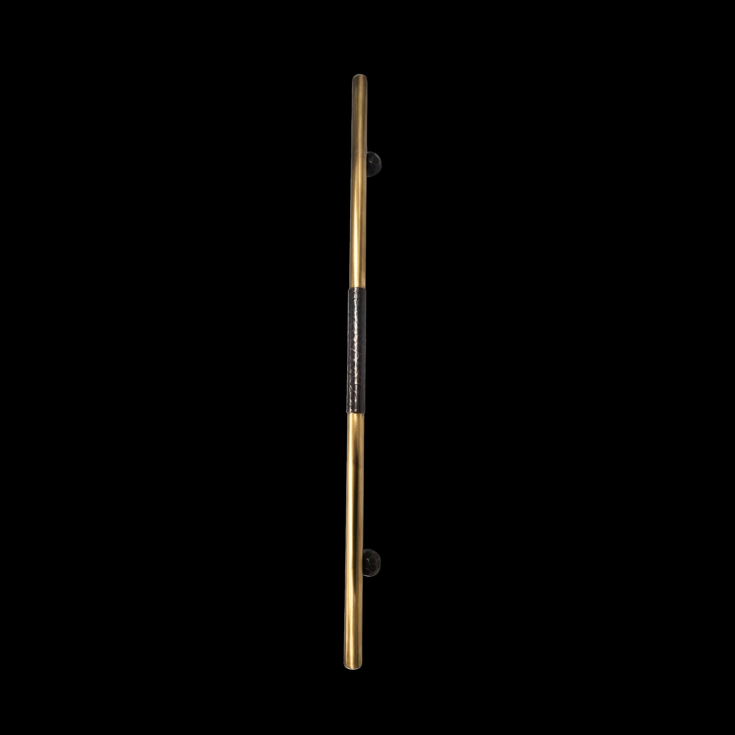 Moroccan Door pull in gunmetal patinated brass and antique gold hammered brass 70 cm For Sale