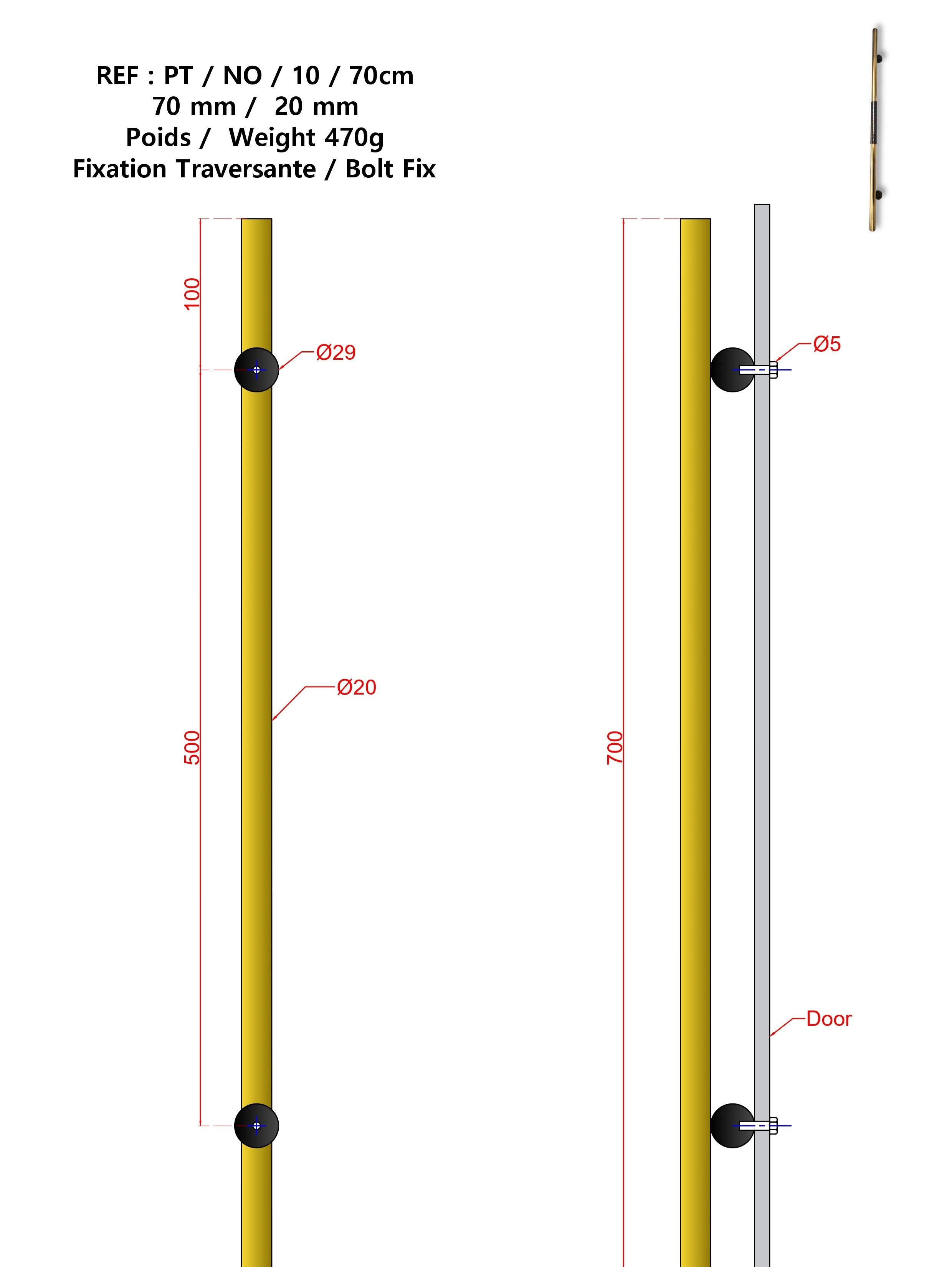 Hand-Crafted Door pull in gunmetal patinated brass and antique gold hammered brass 70 cm For Sale