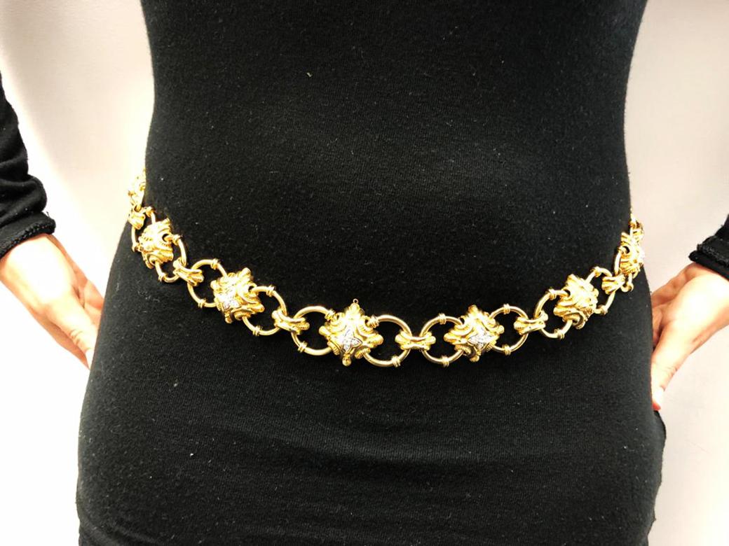 Round Cut Doorknocker Diamond Yellow and White Gold Link Convertible Necklace Belt