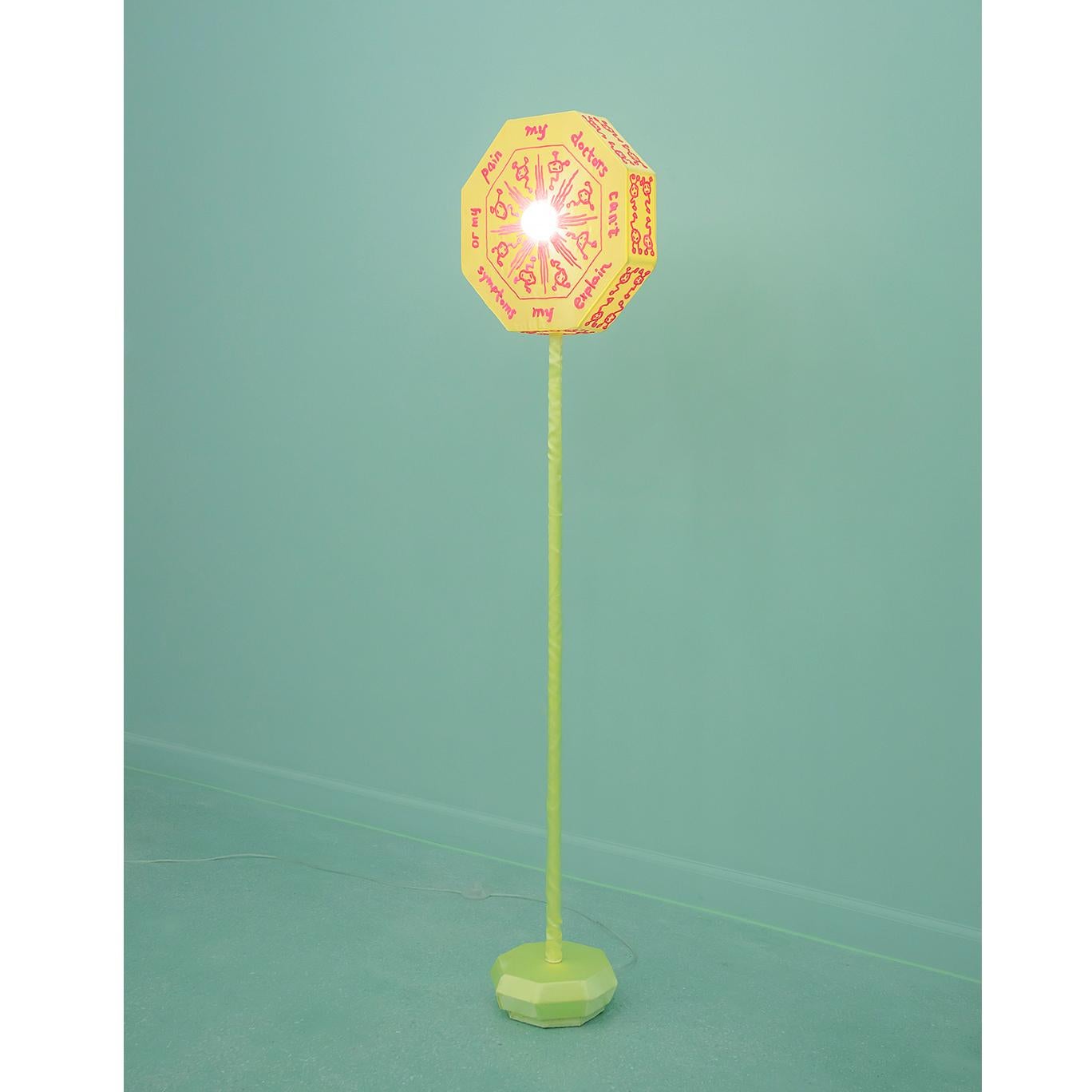 “Dopamine” floor lamp is inspired by the artistic form of classical Chinese ceremonial objects such as Taoist furniture and diagrams. It is covered in fine silk, hand-embroidered with the molecular geometry of dopamine – the neurotransmitter that