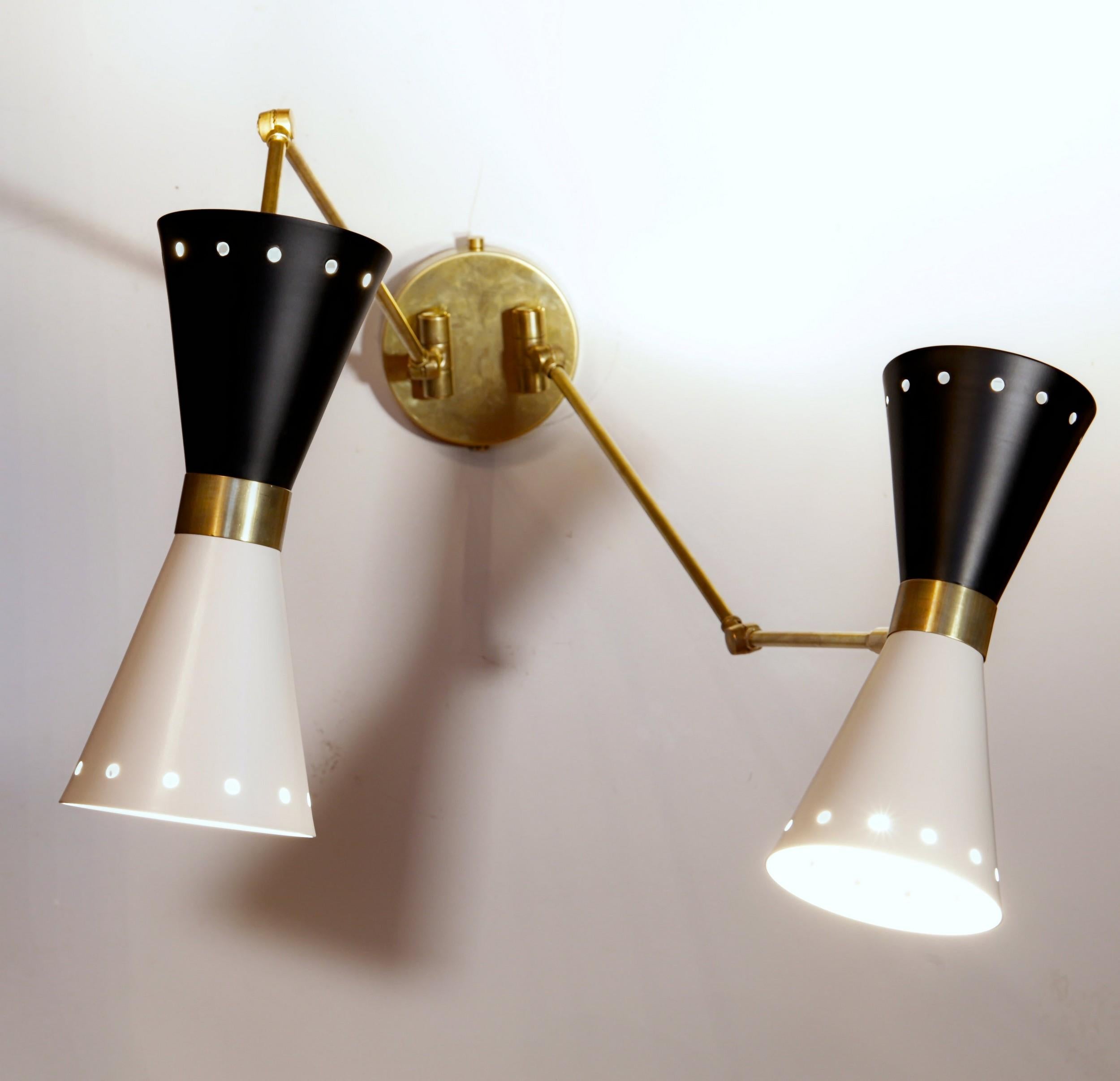 Enameled Doppio Double Articulated Sconce, Midcentury Stilnovo Style Solid Brass